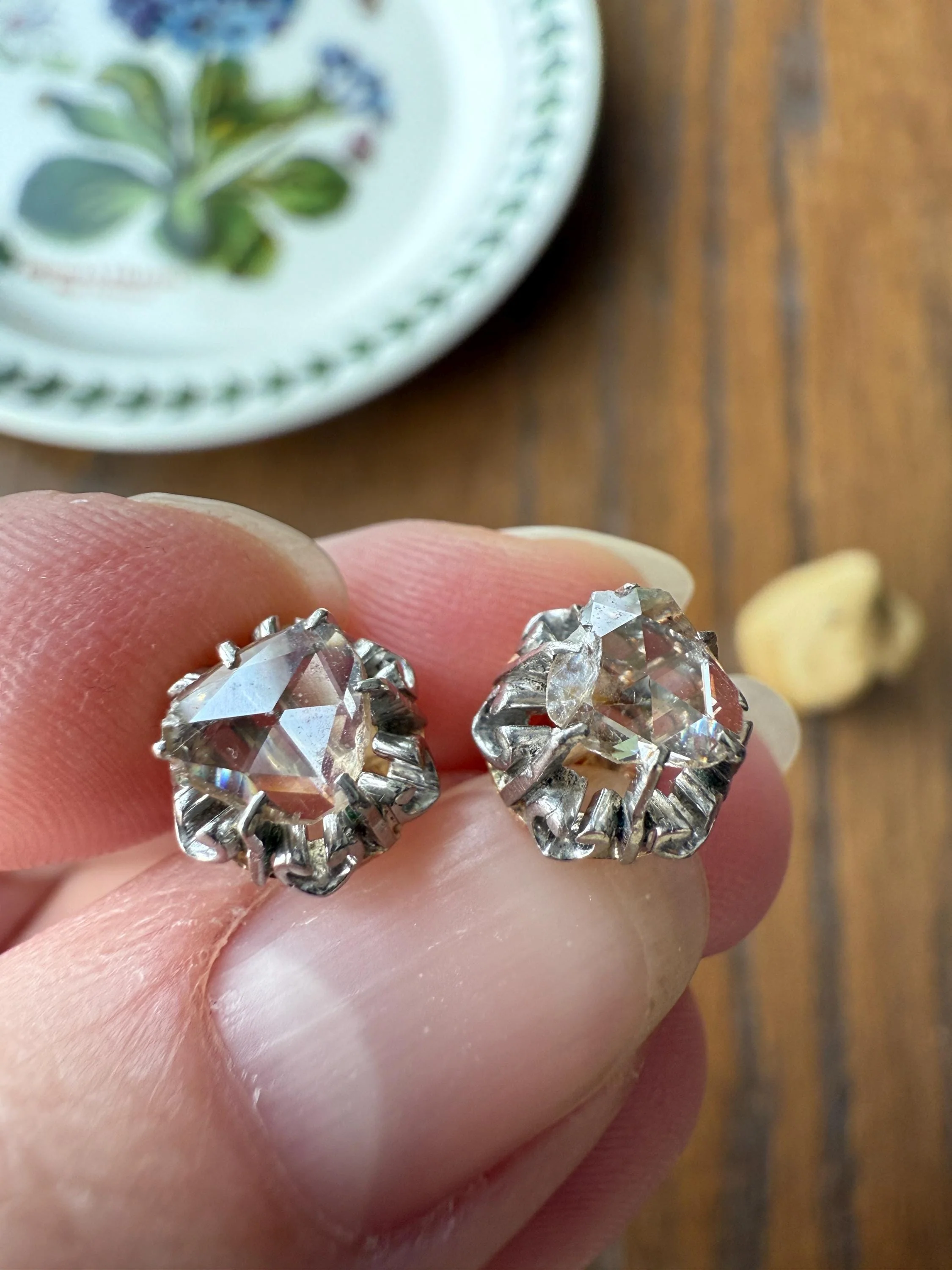 French VICTORIAN Antique Triangular Natural Rose Cut DIAMOND Stud EARRINGS 2 Carats Face Up 18k Gold Solid Platinum Crown Fleur De Lis Prong - Image 3