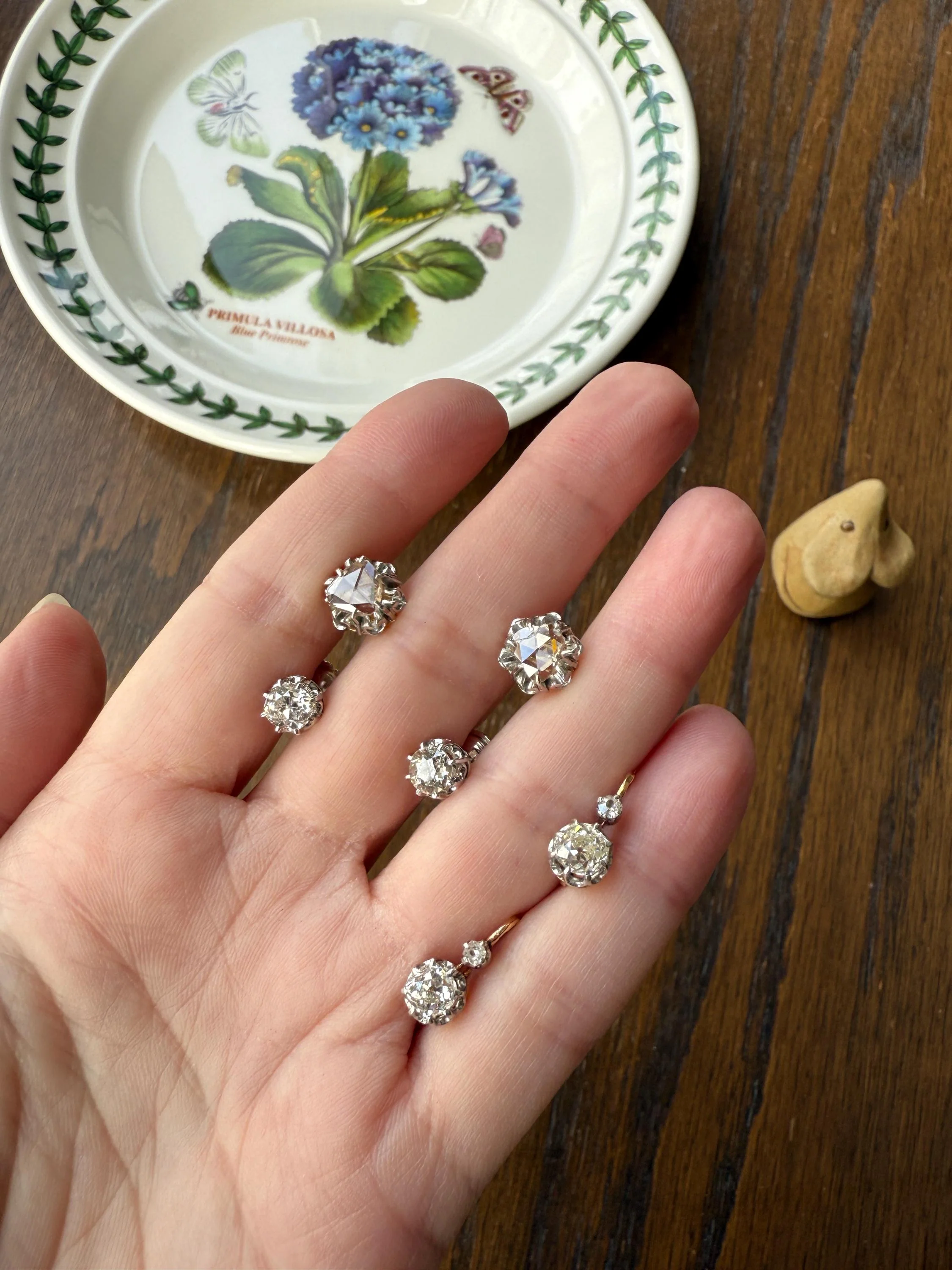 French VICTORIAN Antique Triangular Natural Rose Cut DIAMOND Stud EARRINGS 2 Carats Face Up 18k Gold Solid Platinum Crown Fleur De Lis Prong - Image 5