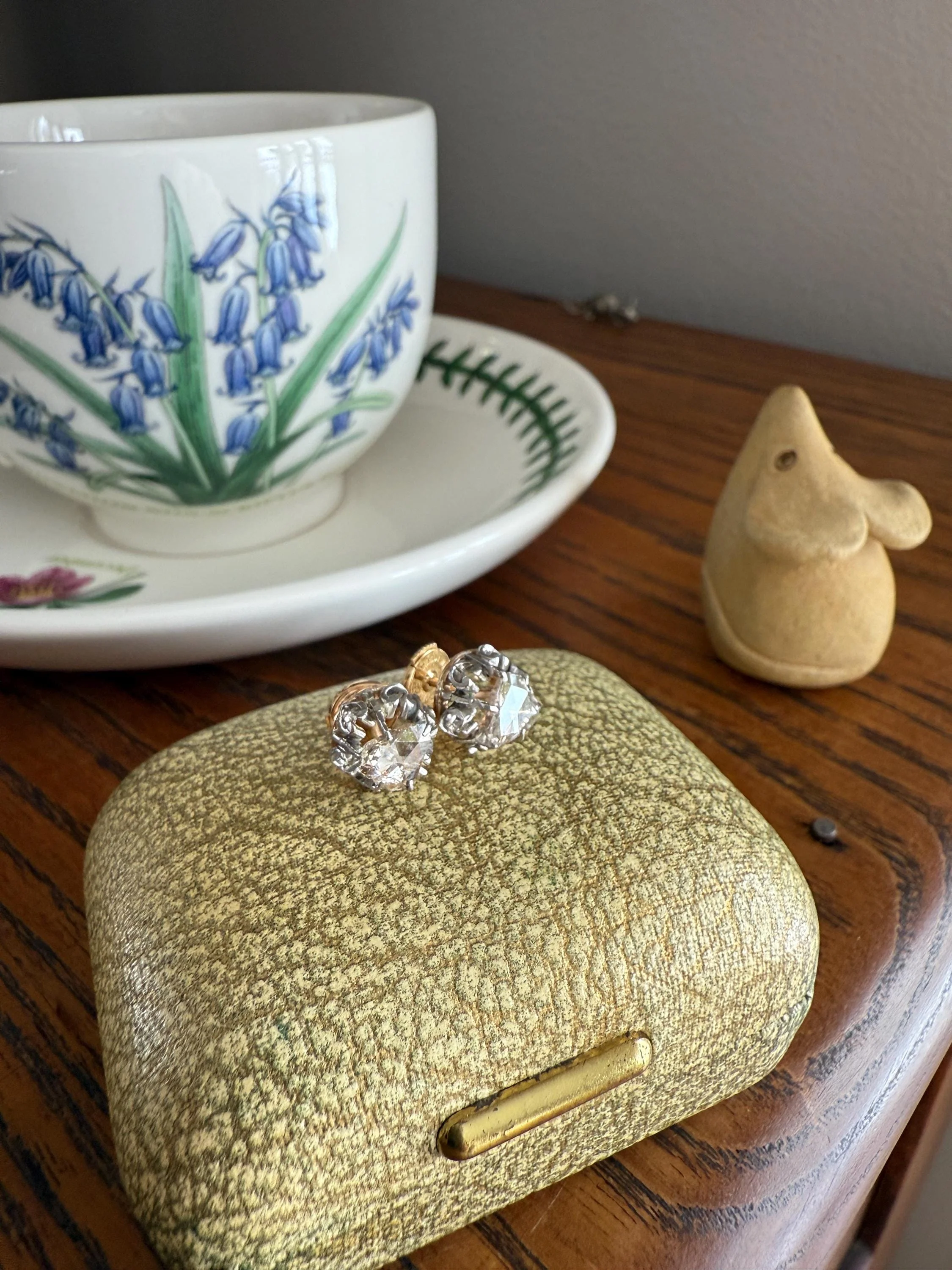 French VICTORIAN Antique Triangular Natural Rose Cut DIAMOND Stud EARRINGS 2 Carats Face Up 18k Gold Solid Platinum Crown Fleur De Lis Prong - Image 6