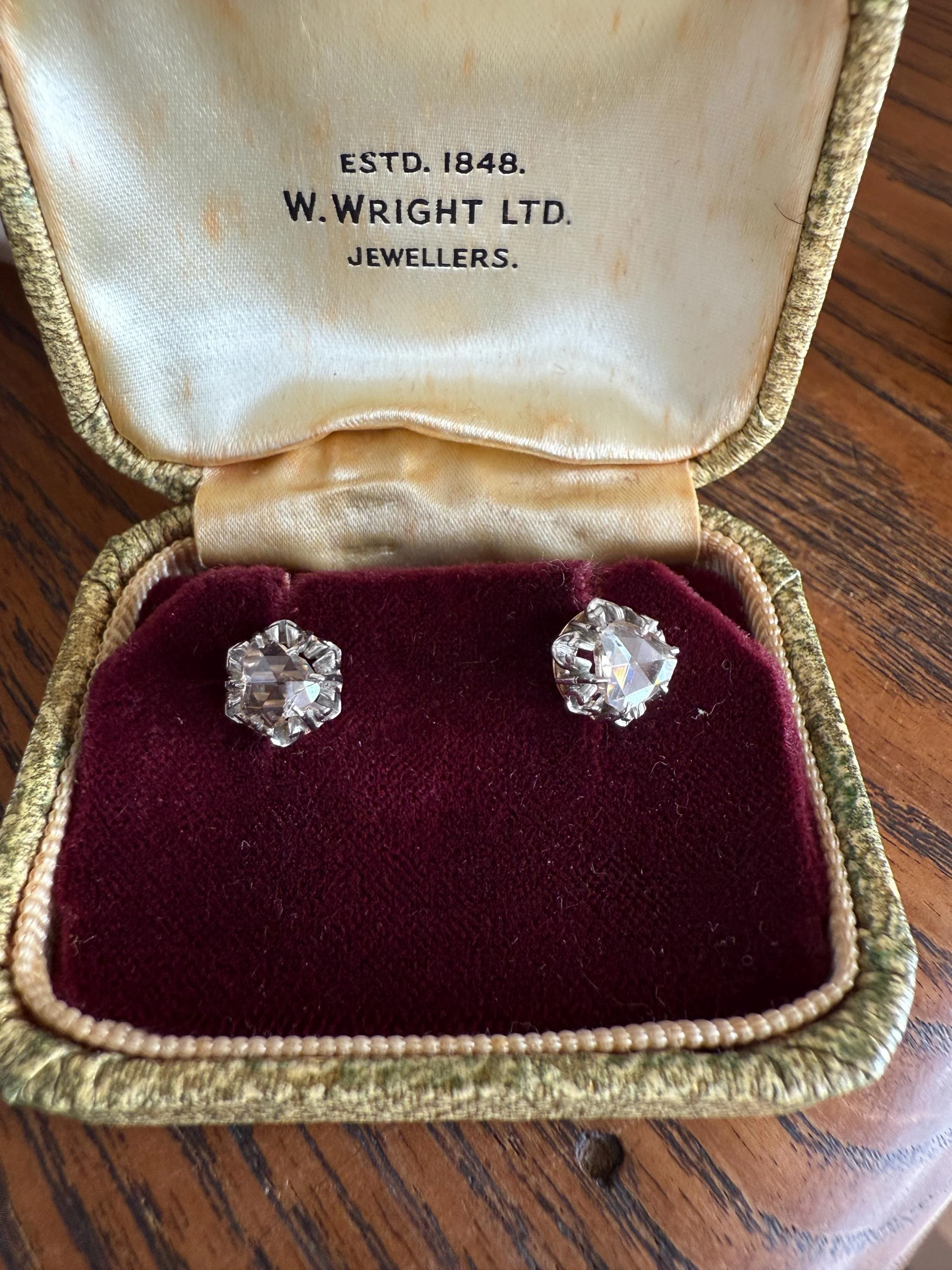French VICTORIAN Antique Triangular Natural Rose Cut DIAMOND Stud EARRINGS 2 Carats Face Up 18k Gold Solid Platinum Crown Fleur De Lis Prong - Image 7