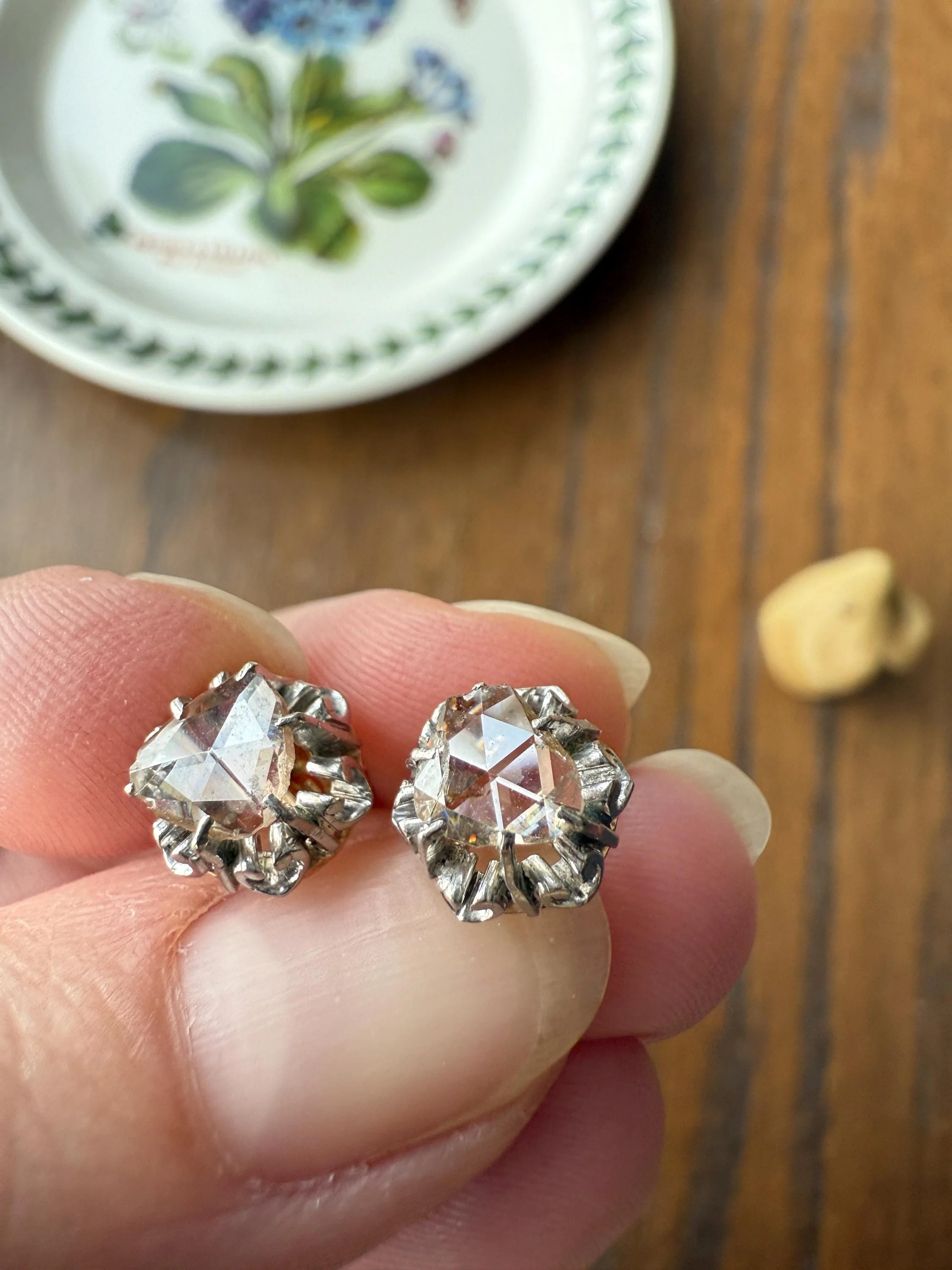 French VICTORIAN Antique Triangular Natural Rose Cut DIAMOND Stud EARRINGS 2 Carats Face Up 18k Gold Solid Platinum Crown Fleur De Lis Prong - Image 8
