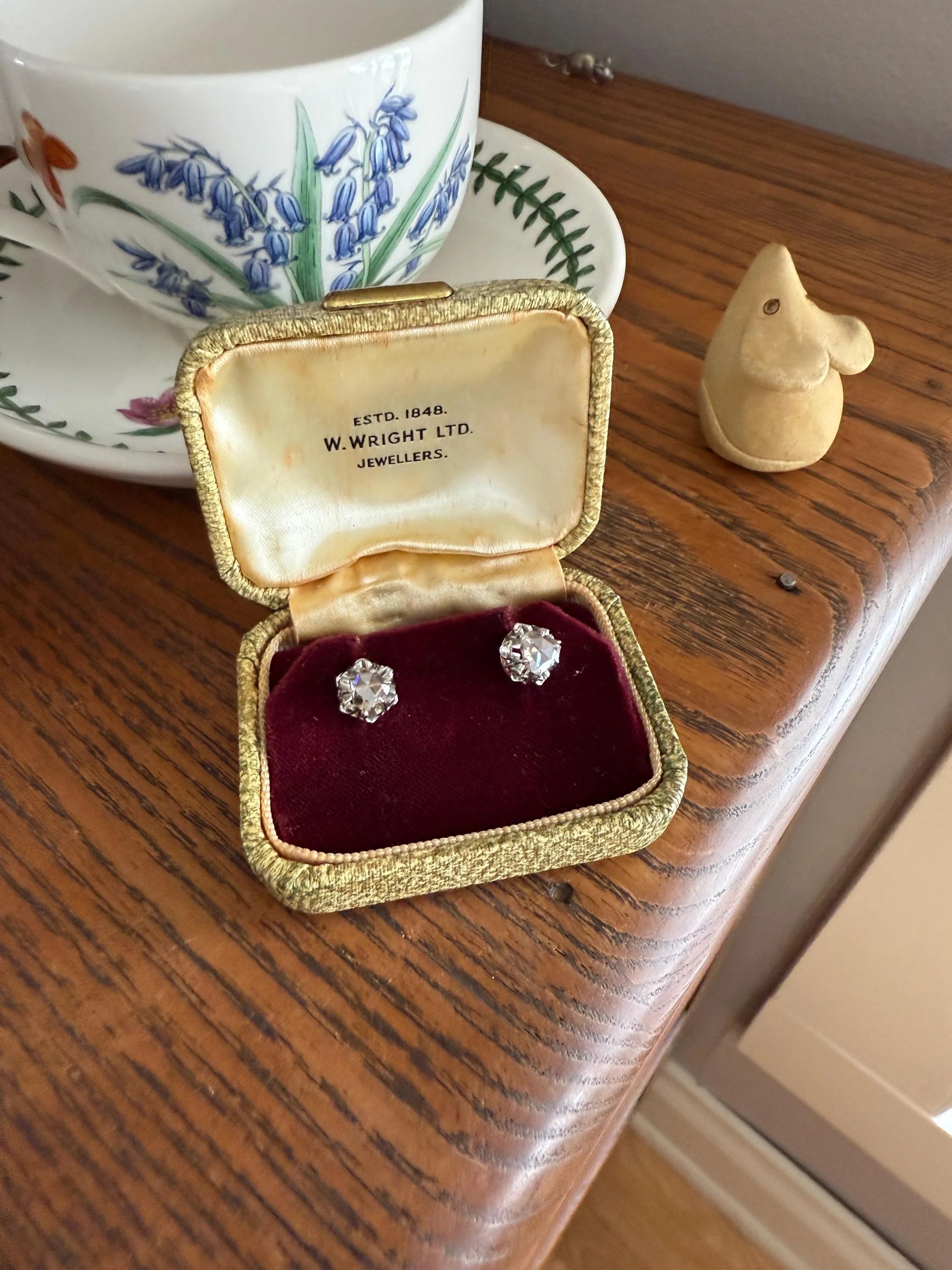 French VICTORIAN Antique Triangular Natural Rose Cut DIAMOND Stud EARRINGS 2 Carats Face Up 18k Gold Solid Platinum Crown Fleur De Lis Prong - Image 9