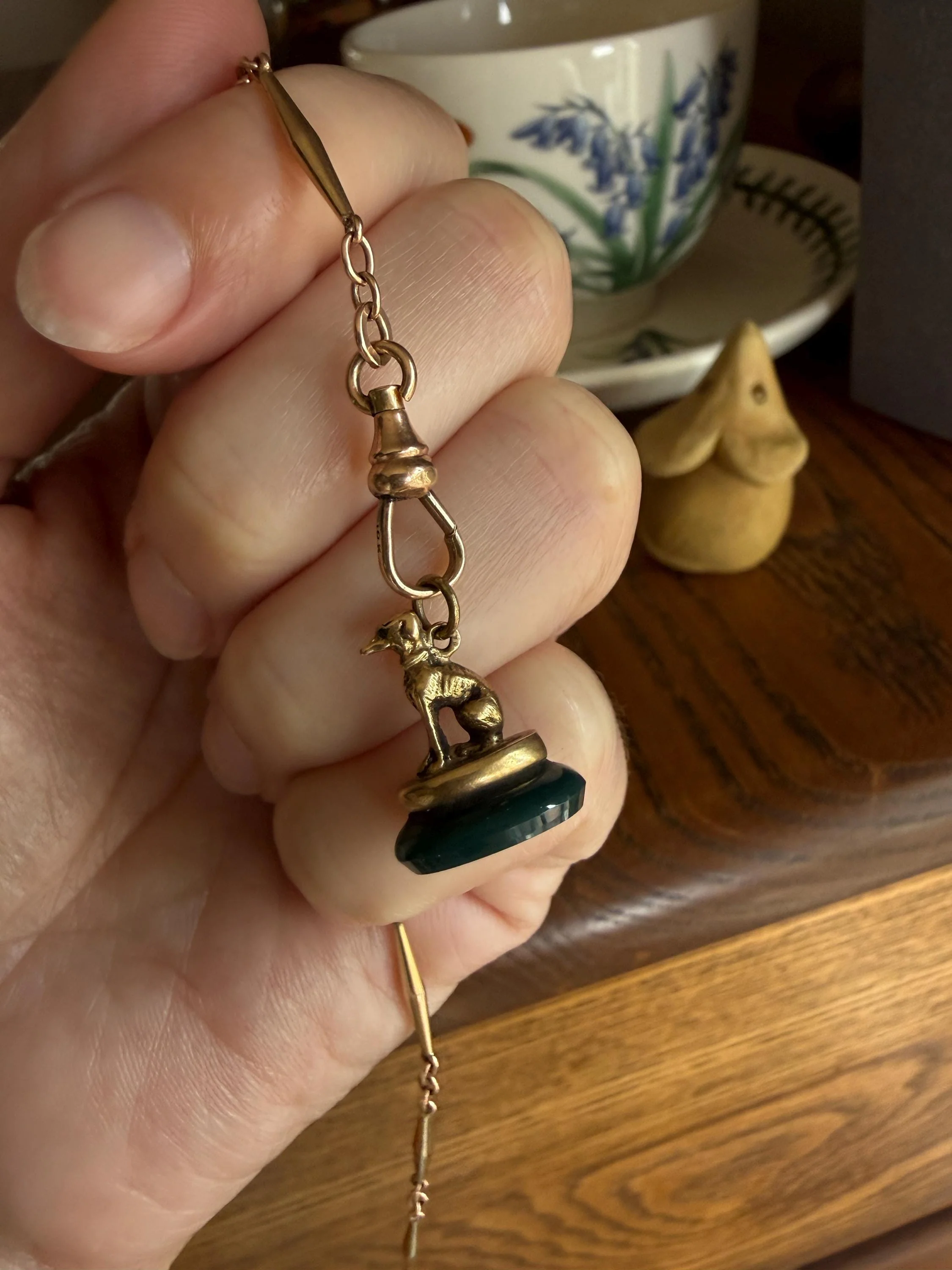 FRENCH ViCTORIAN Dog Watch Fob Pendant 18k Gold Green Bloodstone Intaglio Wax Seal Figural Antique Greyhound Loyalty - Image 2