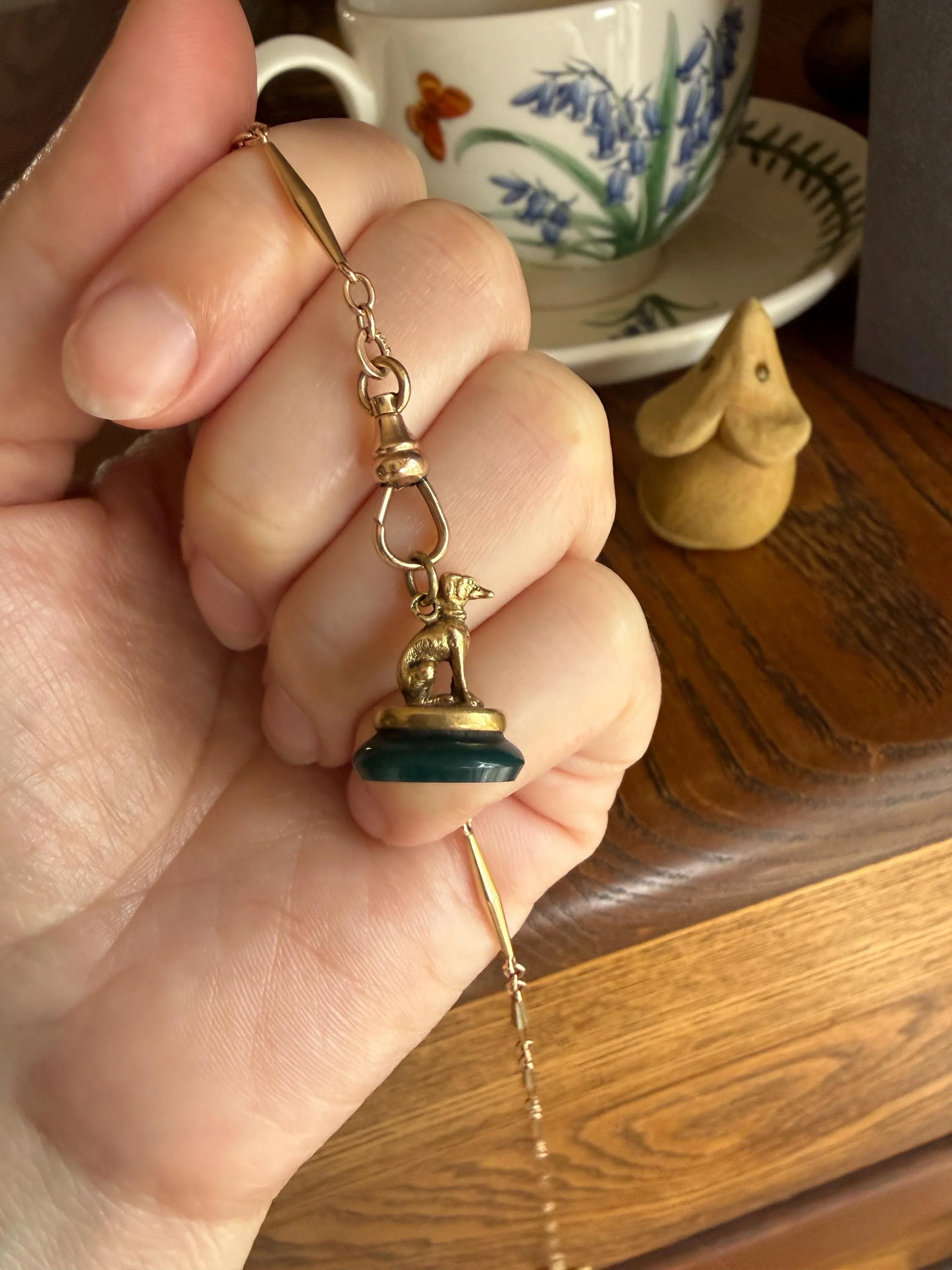 FRENCH ViCTORIAN Dog Watch Fob Pendant 18k Gold Green Bloodstone Intaglio Wax Seal Figural Antique Greyhound Loyalty - Image 4