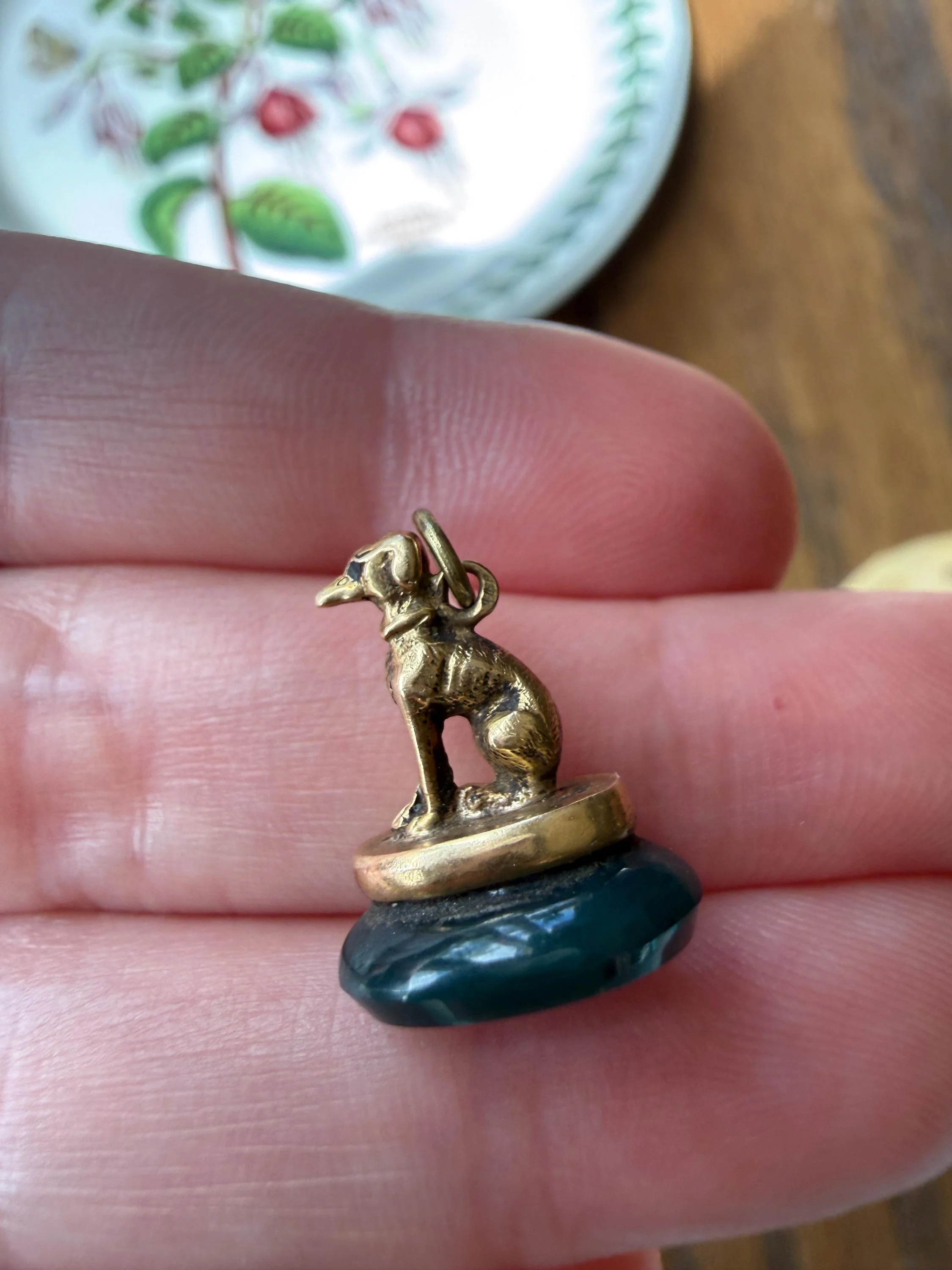 FRENCH ViCTORIAN Dog Watch Fob Pendant 18k Gold Green Bloodstone Intaglio Wax Seal Figural Antique Greyhound Loyalty - Image 5