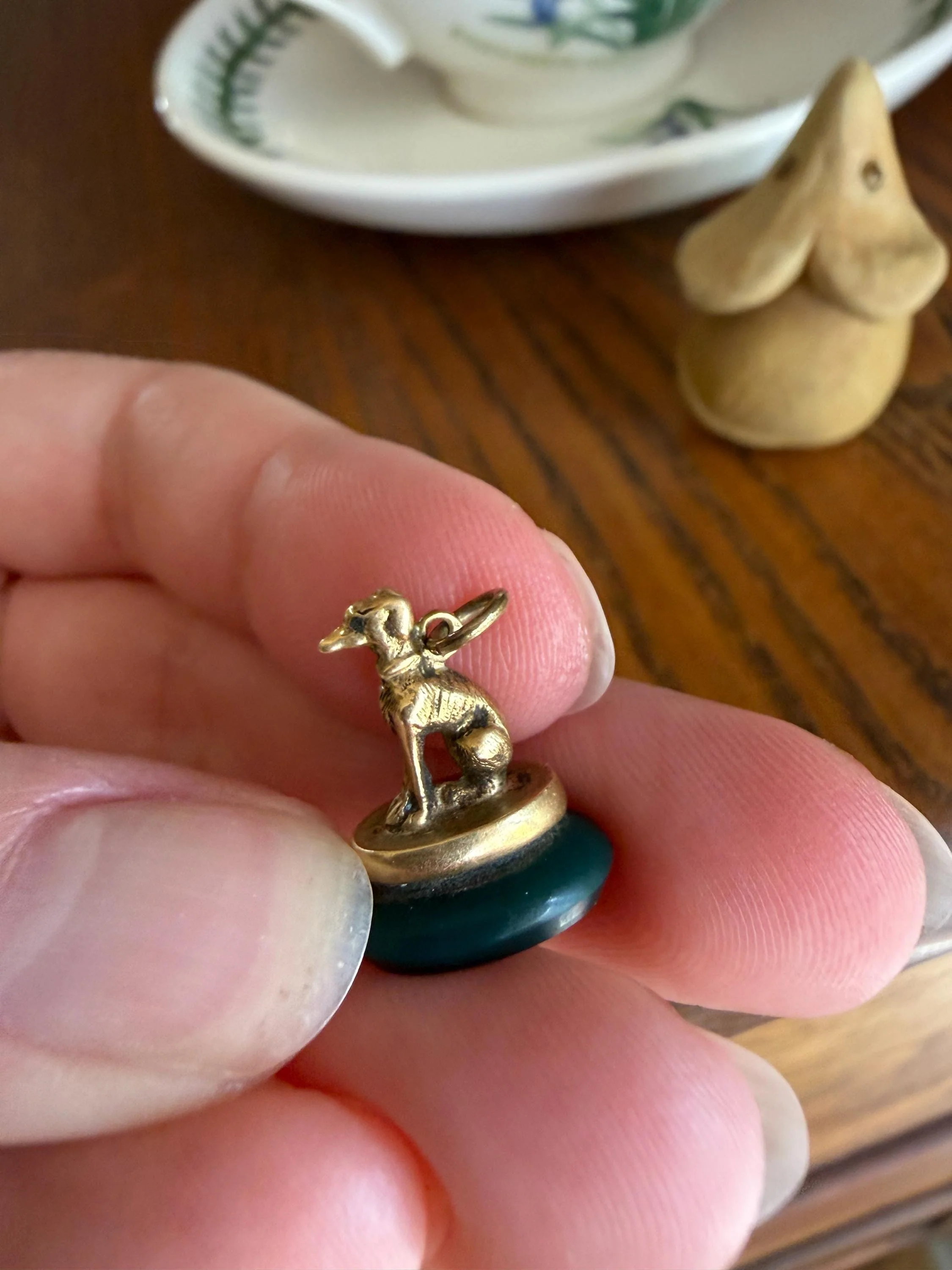 FRENCH ViCTORIAN Dog Watch Fob Pendant 18k Gold Green Bloodstone Intaglio Wax Seal Figural Antique Greyhound Loyalty - Image 7