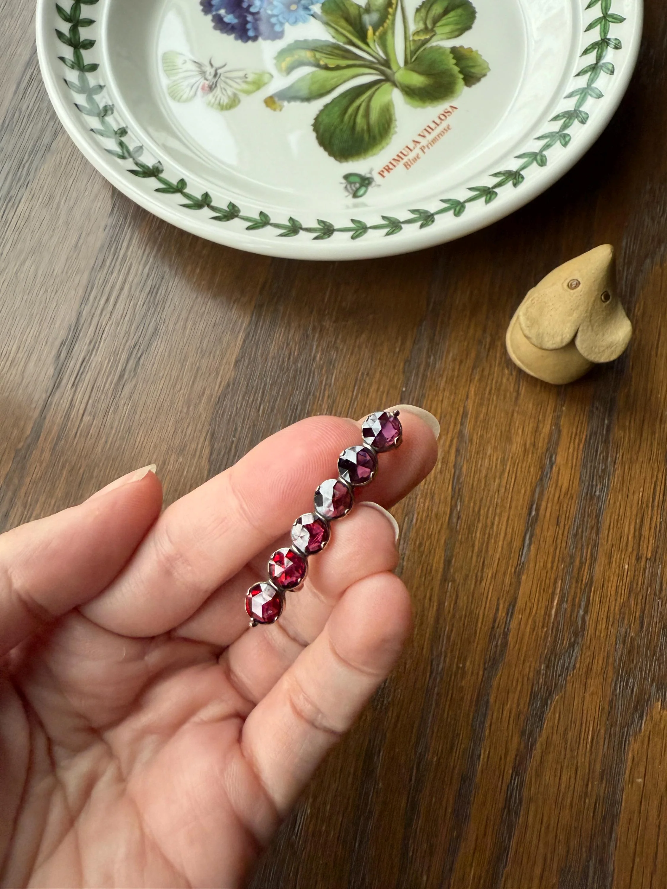 French VICTORIAN Perpignan GARNET Five Stone Bar Brooch Pin 18k Gold Extender Connector for Pendant Conv. Purple Pink Berry Geometric - Image 2