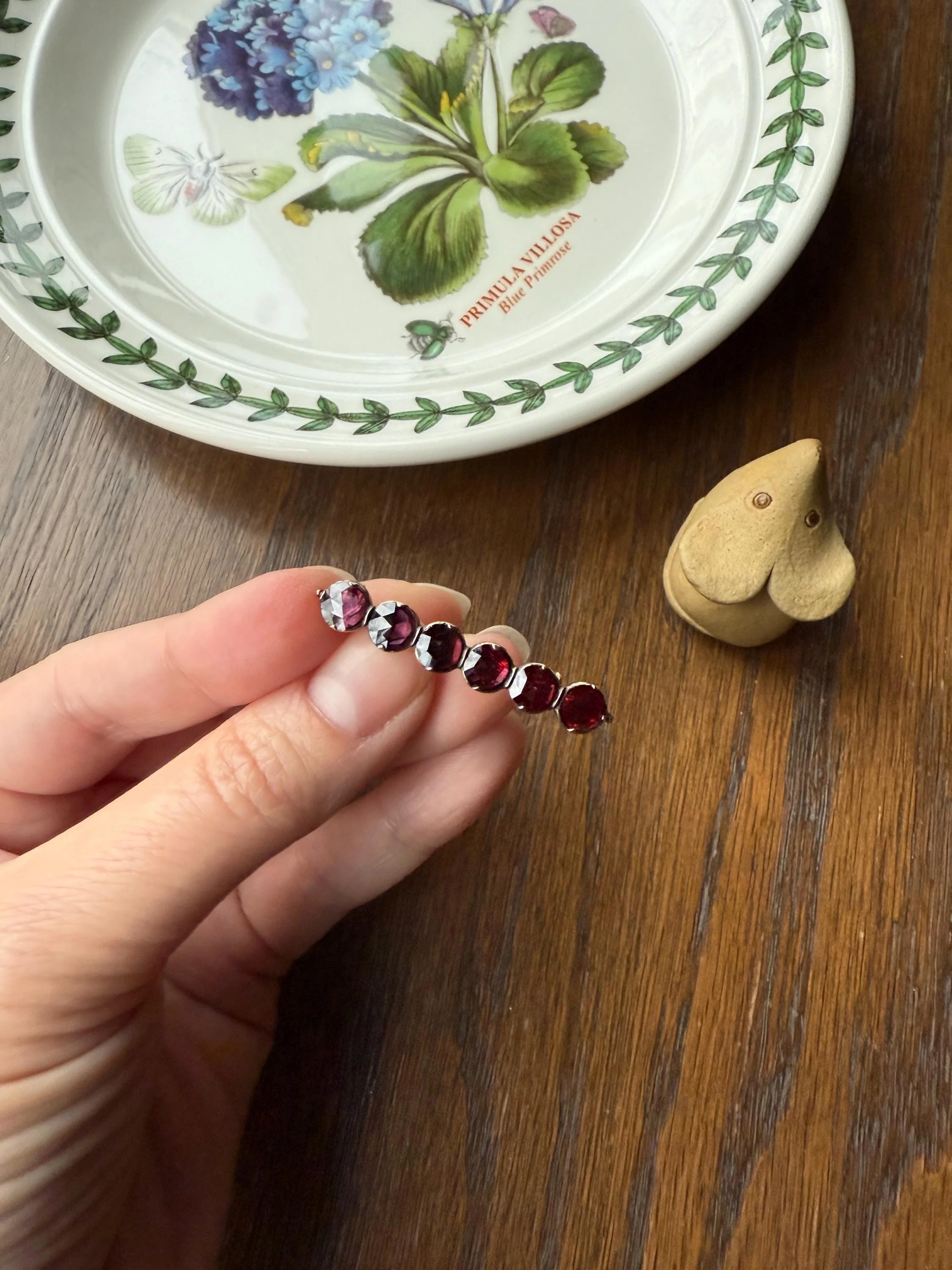 French VICTORIAN Perpignan GARNET Five Stone Bar Brooch Pin 18k Gold Extender Connector for Pendant Conv. Purple Pink Berry Geometric - Image 3