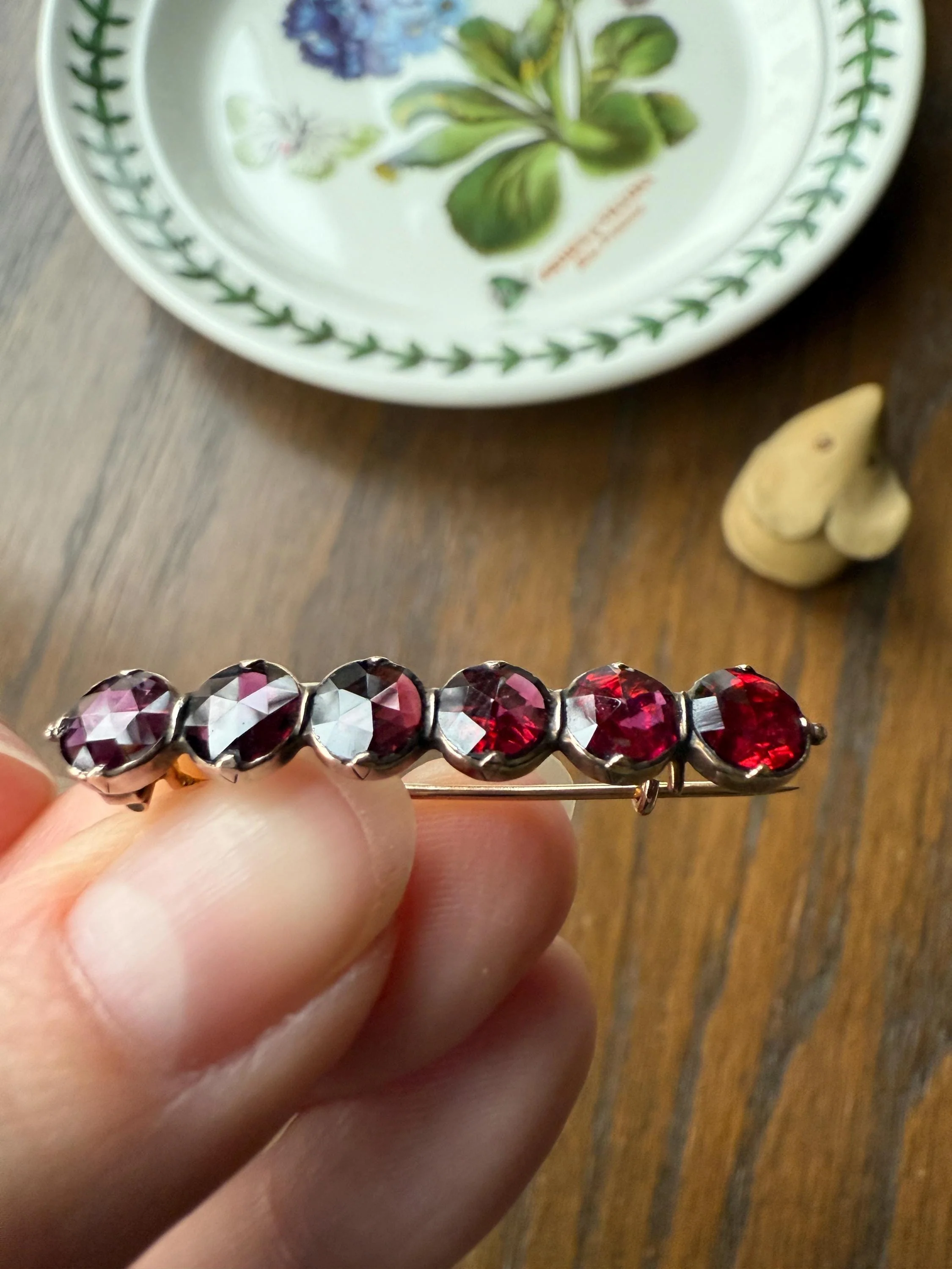 French VICTORIAN Perpignan GARNET Five Stone Bar Brooch Pin 18k Gold Extender Connector for Pendant Conv. Purple Pink Berry Geometric - Image 4