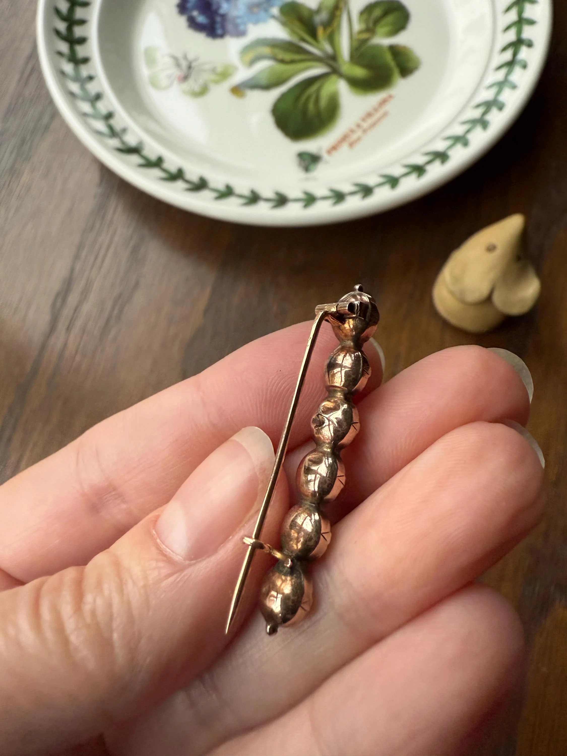 French VICTORIAN Perpignan GARNET Five Stone Bar Brooch Pin 18k Gold Extender Connector for Pendant Conv. Purple Pink Berry Geometric - Image 7