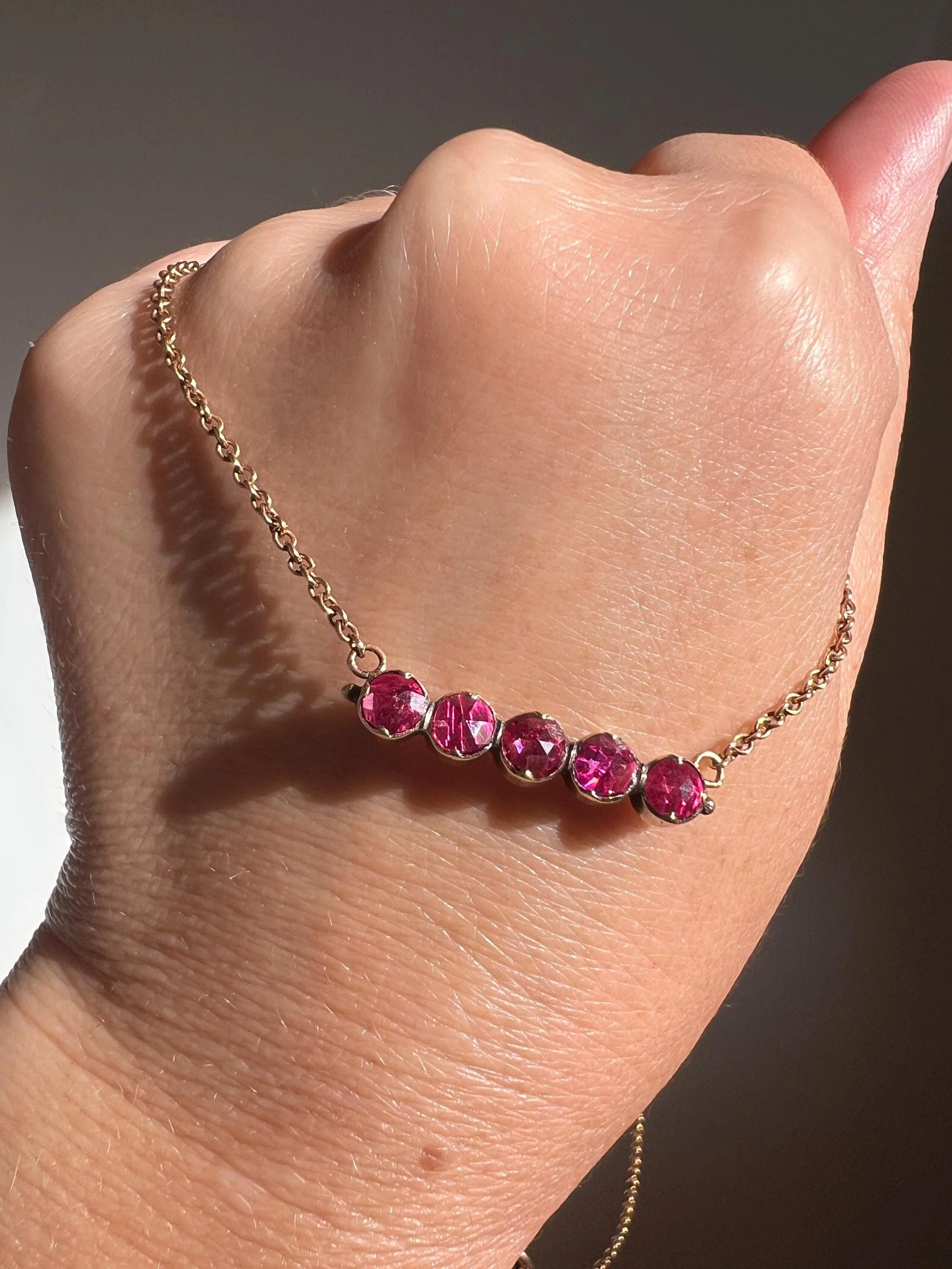 French VICTORIAN Perpignan GARNET Five Stone Bar Brooch Pin 18k Gold Extender Connector for Pendant Conv. Purple Pink Berry Geometric - Image 8