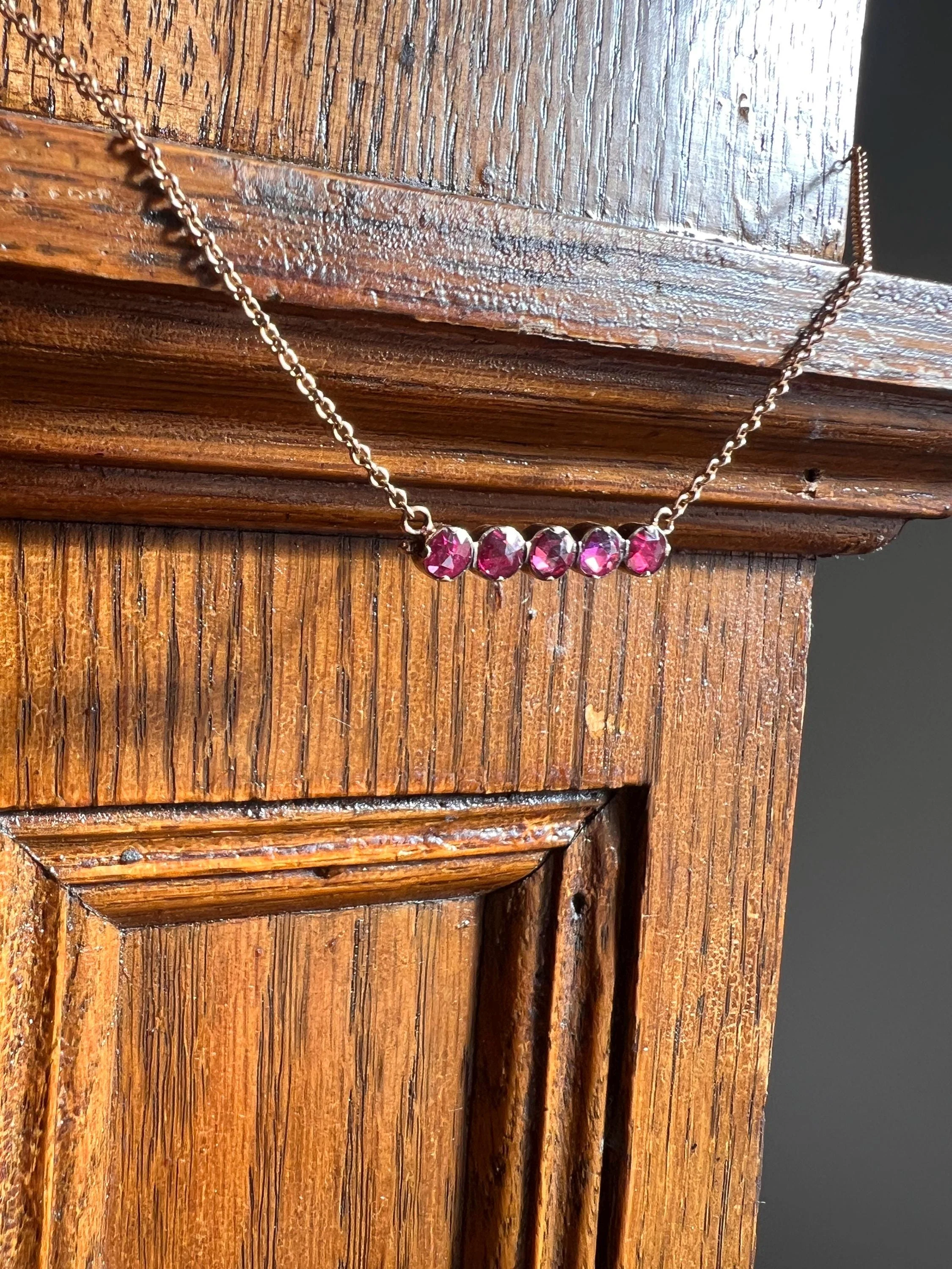 French VICTORIAN Perpignan GARNET Five Stone Bar Necklace 18k Gold Pendant on 10k Rose Chain Purple Pink Berry - Image 2
