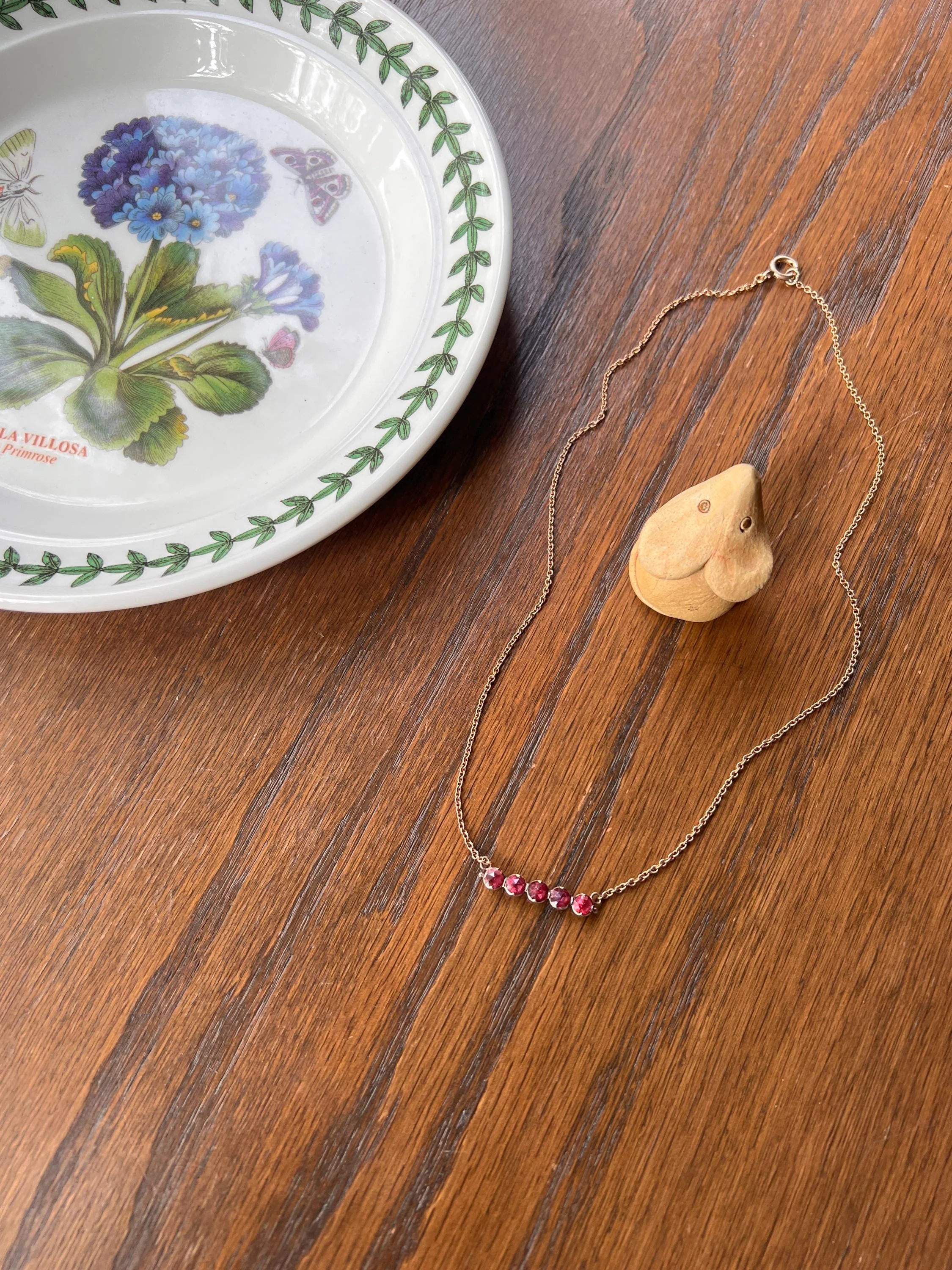 French VICTORIAN Perpignan GARNET Five Stone Bar Necklace 18k Gold Pendant on 10k Rose Chain Purple Pink Berry - Image 5