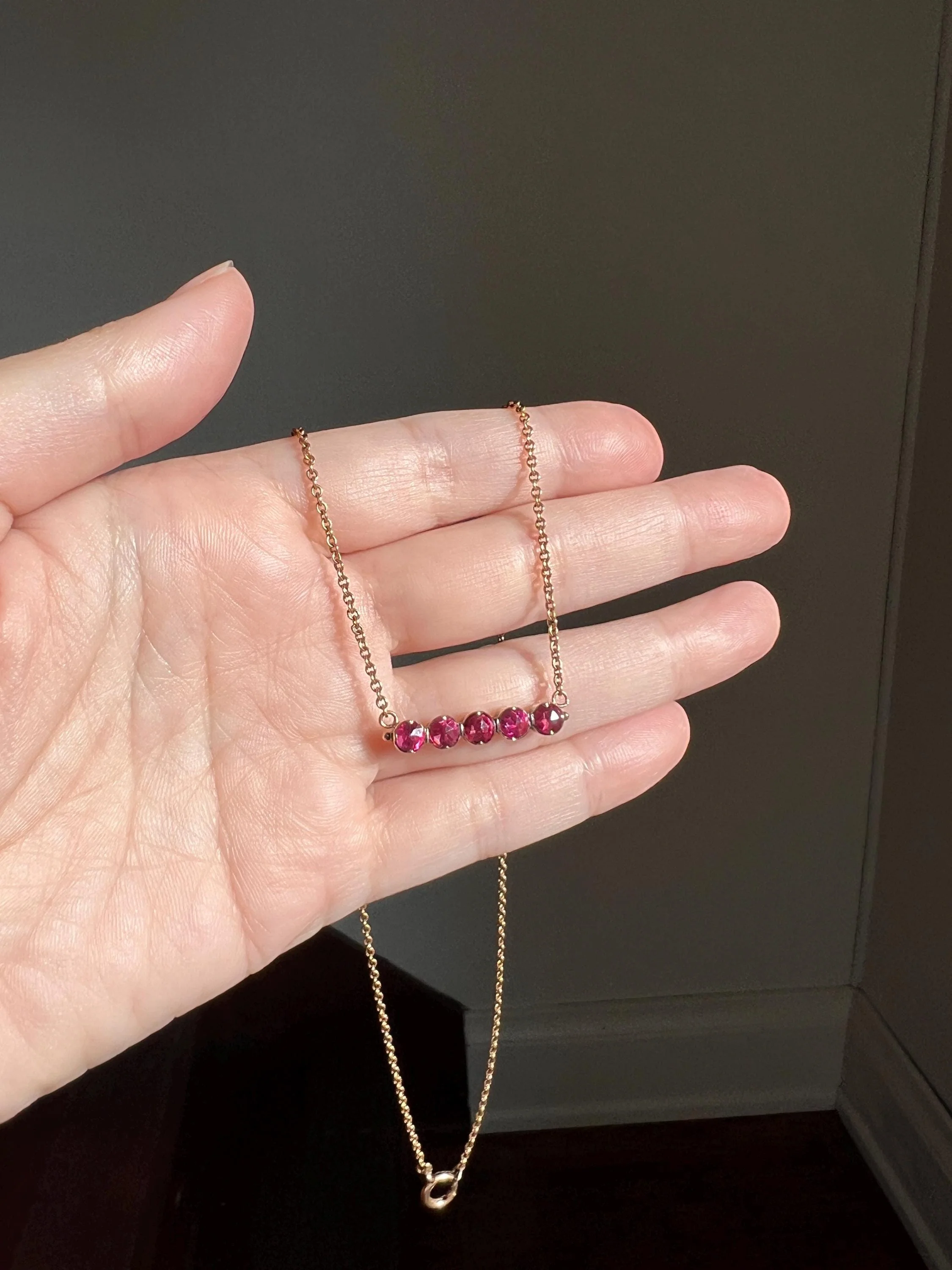 French VICTORIAN Perpignan GARNET Five Stone Bar Necklace 18k Gold Pendant on 10k Rose Chain Purple Pink Berry - Image 6