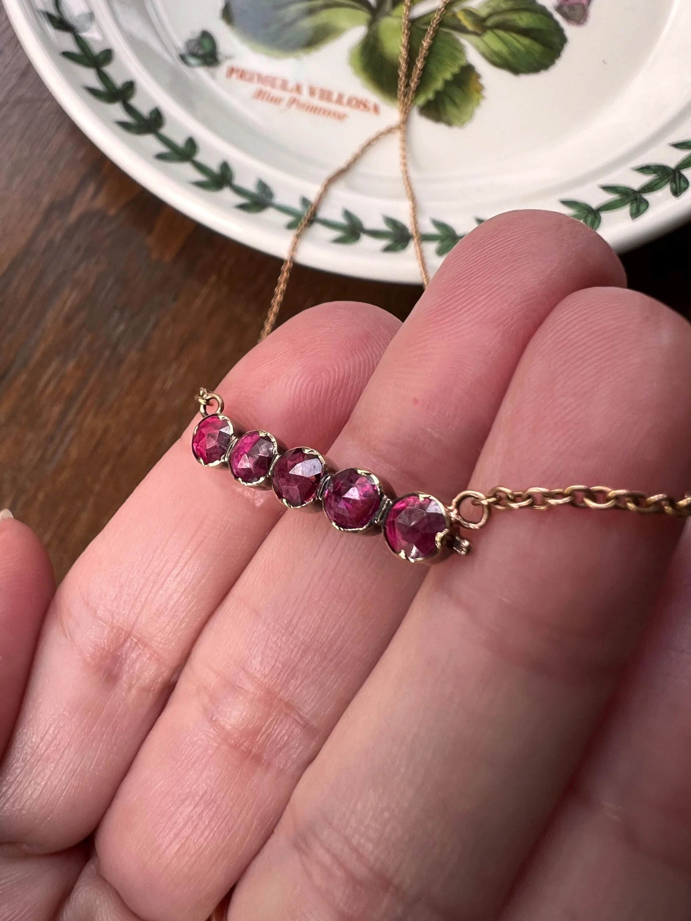 French VICTORIAN Perpignan GARNET Five Stone Bar Necklace 18k Gold Pendant on 10k Rose Chain Purple Pink Berry - Image 7