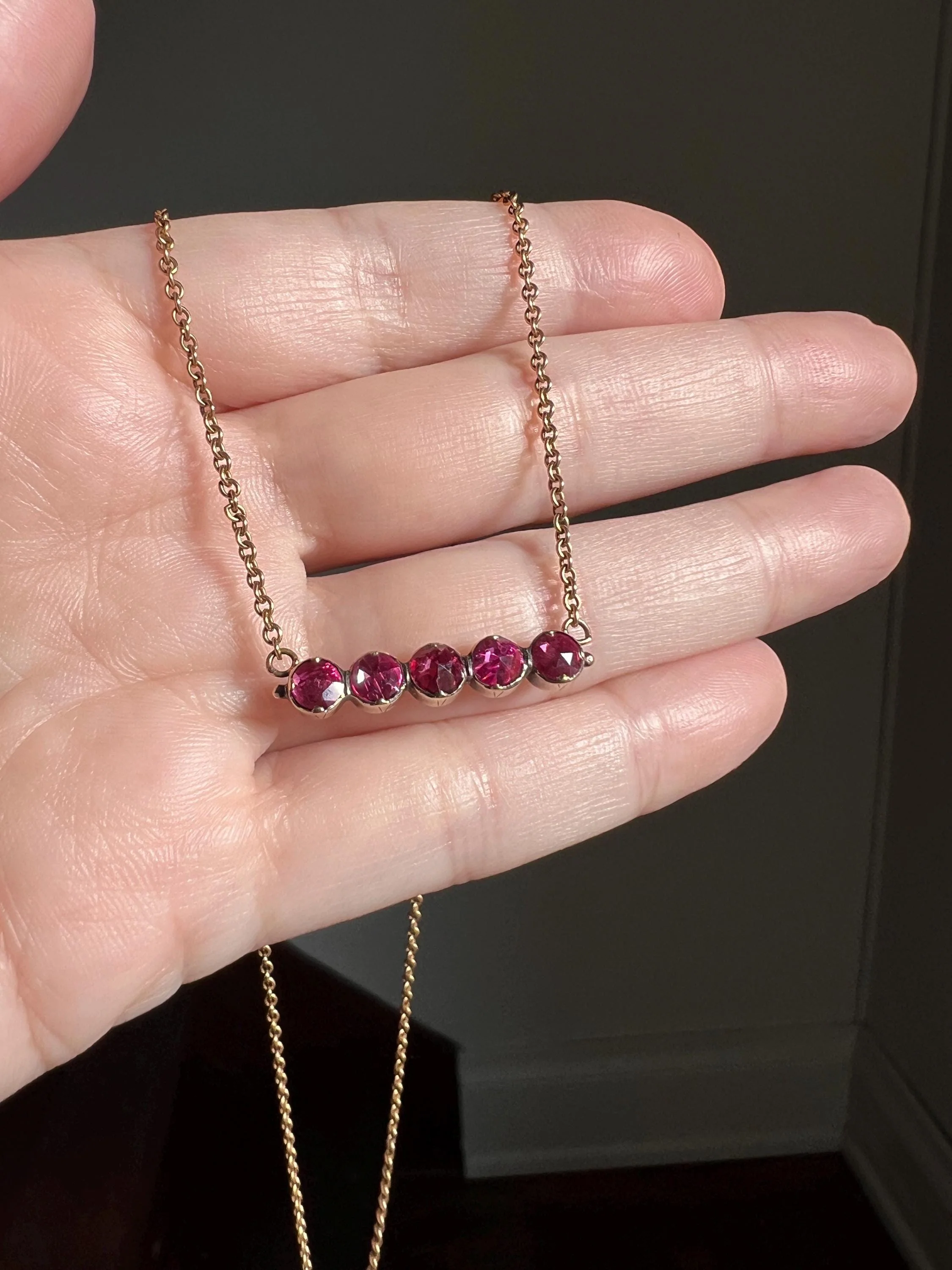 French VICTORIAN Perpignan GARNET Five Stone Bar Necklace 18k Gold Pendant on 10k Rose Chain Purple Pink Berry - Image 8