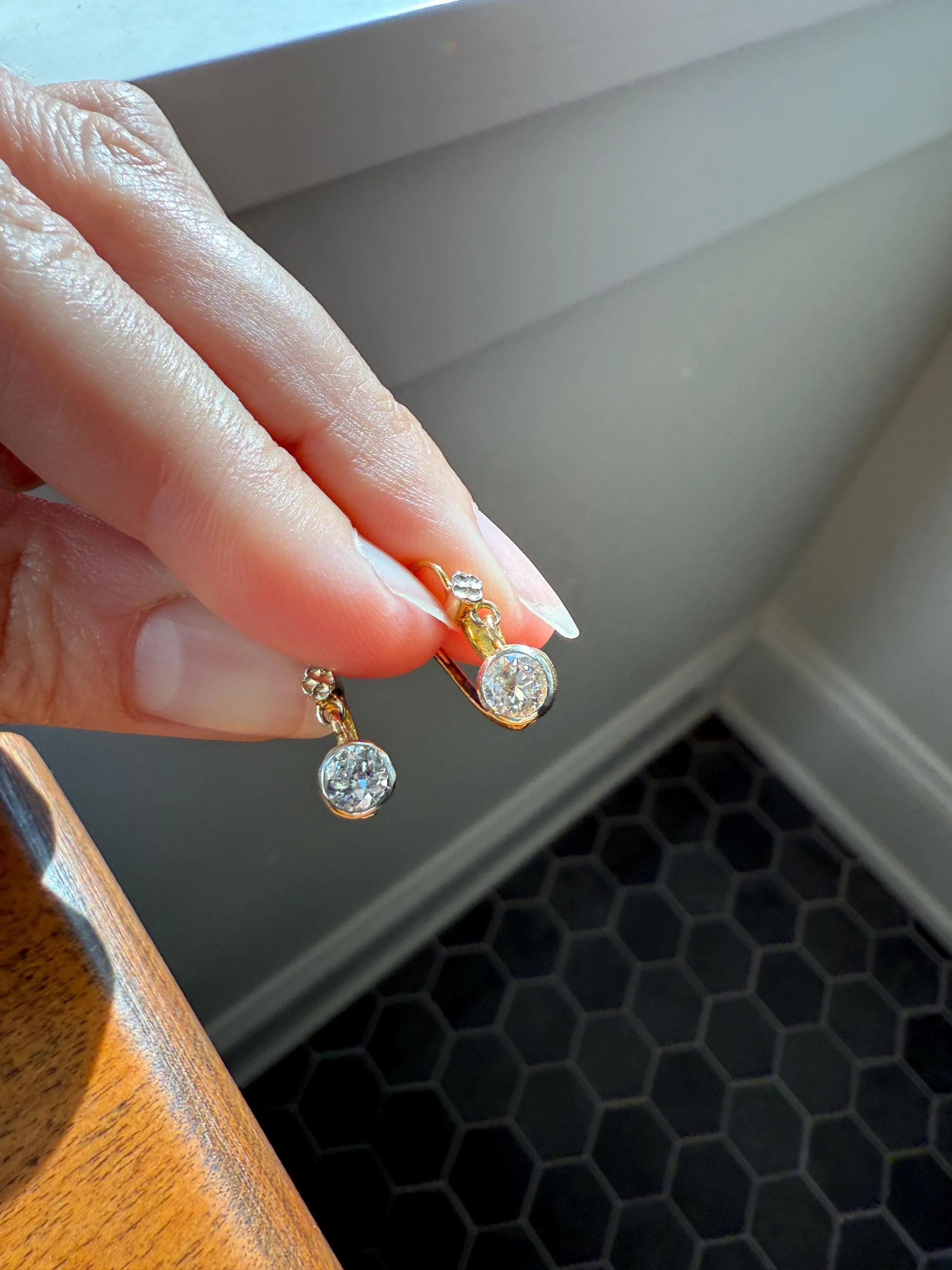 FRENCH Vintage 18k GOLD .75 Carat Tdw Transitional Cut Diamond Earrings Dangle Dormeuse Gift Belle Epoque Bridal Something Old Bezel Set - Image 11