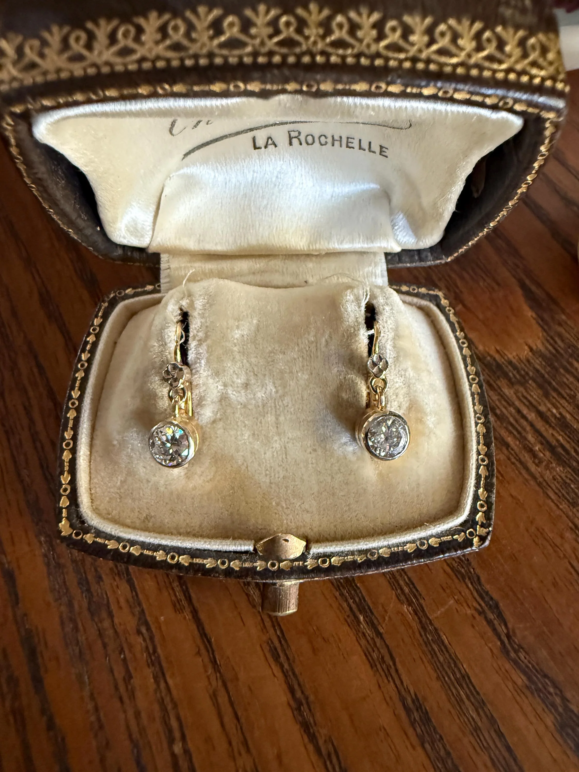 FRENCH Vintage 18k GOLD .75 Carat Tdw Transitional Cut Diamond Earrings Dangle Dormeuse Gift Belle Epoque Bridal Something Old Bezel Set - Image 2