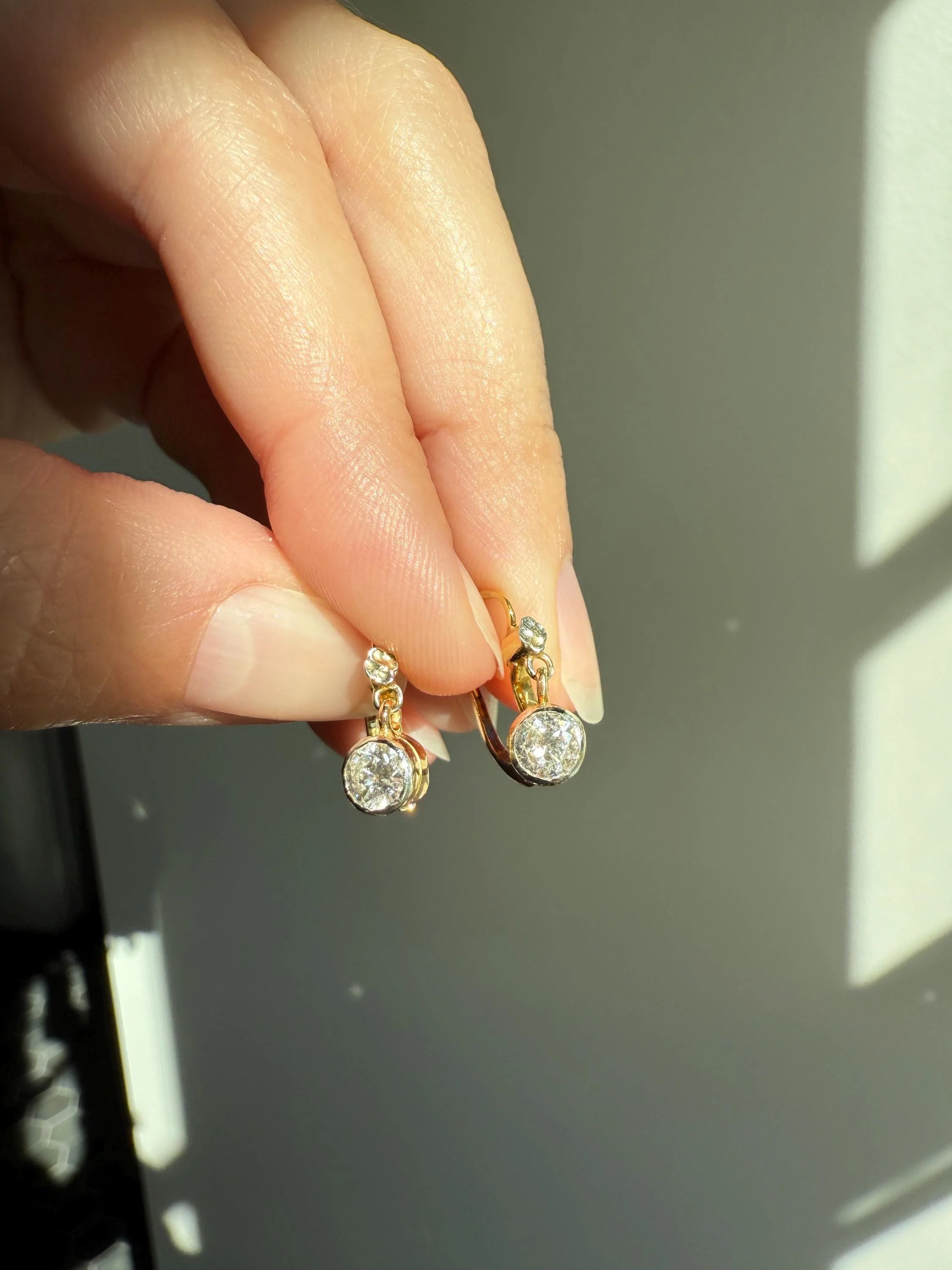 FRENCH Vintage 18k GOLD .75 Carat Tdw Transitional Cut Diamond Earrings Dangle Dormeuse Gift Belle Epoque Bridal Something Old Bezel Set - Image 4