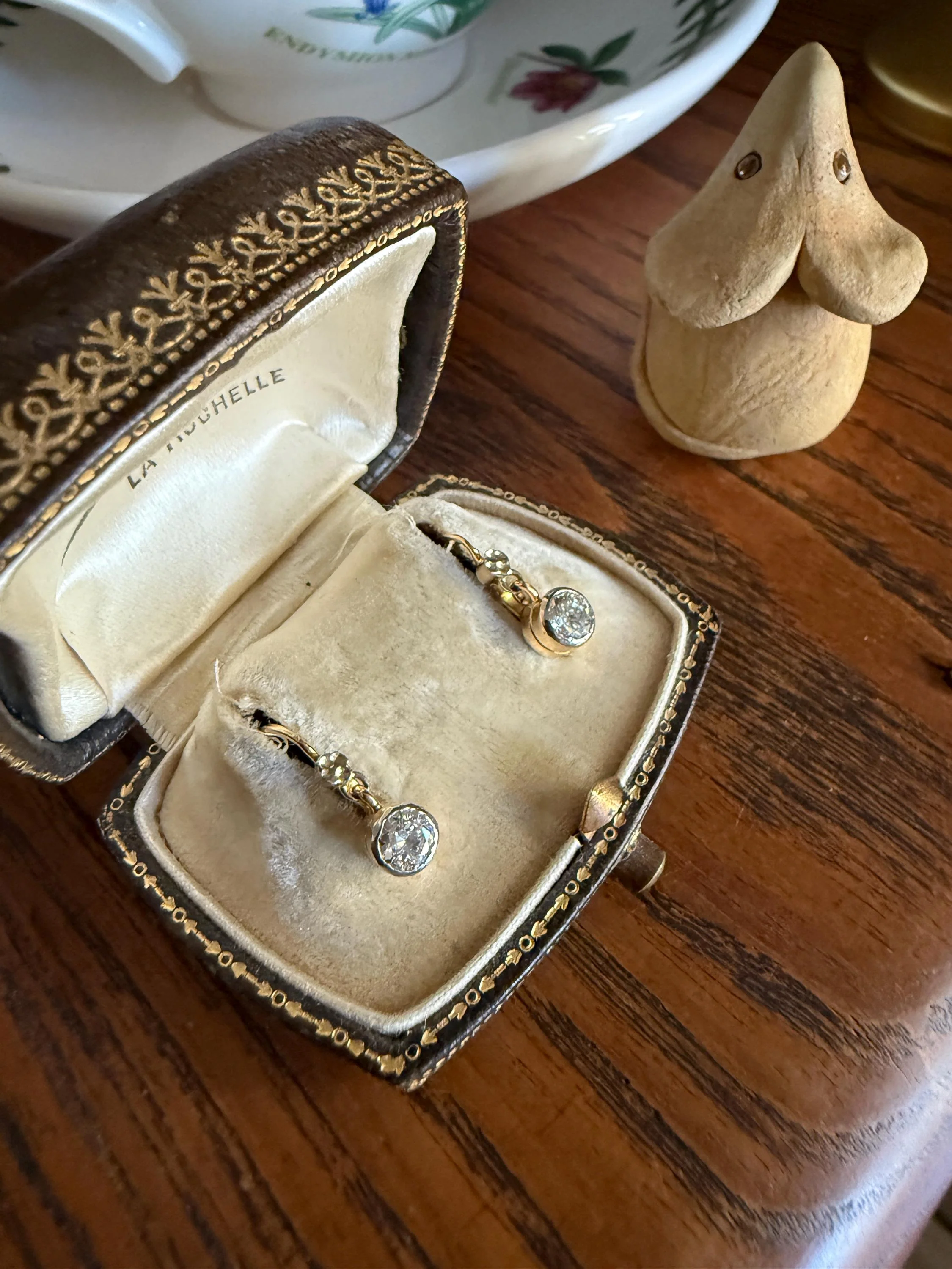 FRENCH Vintage 18k GOLD .75 Carat Tdw Transitional Cut Diamond Earrings Dangle Dormeuse Gift Belle Epoque Bridal Something Old Bezel Set - Image 5