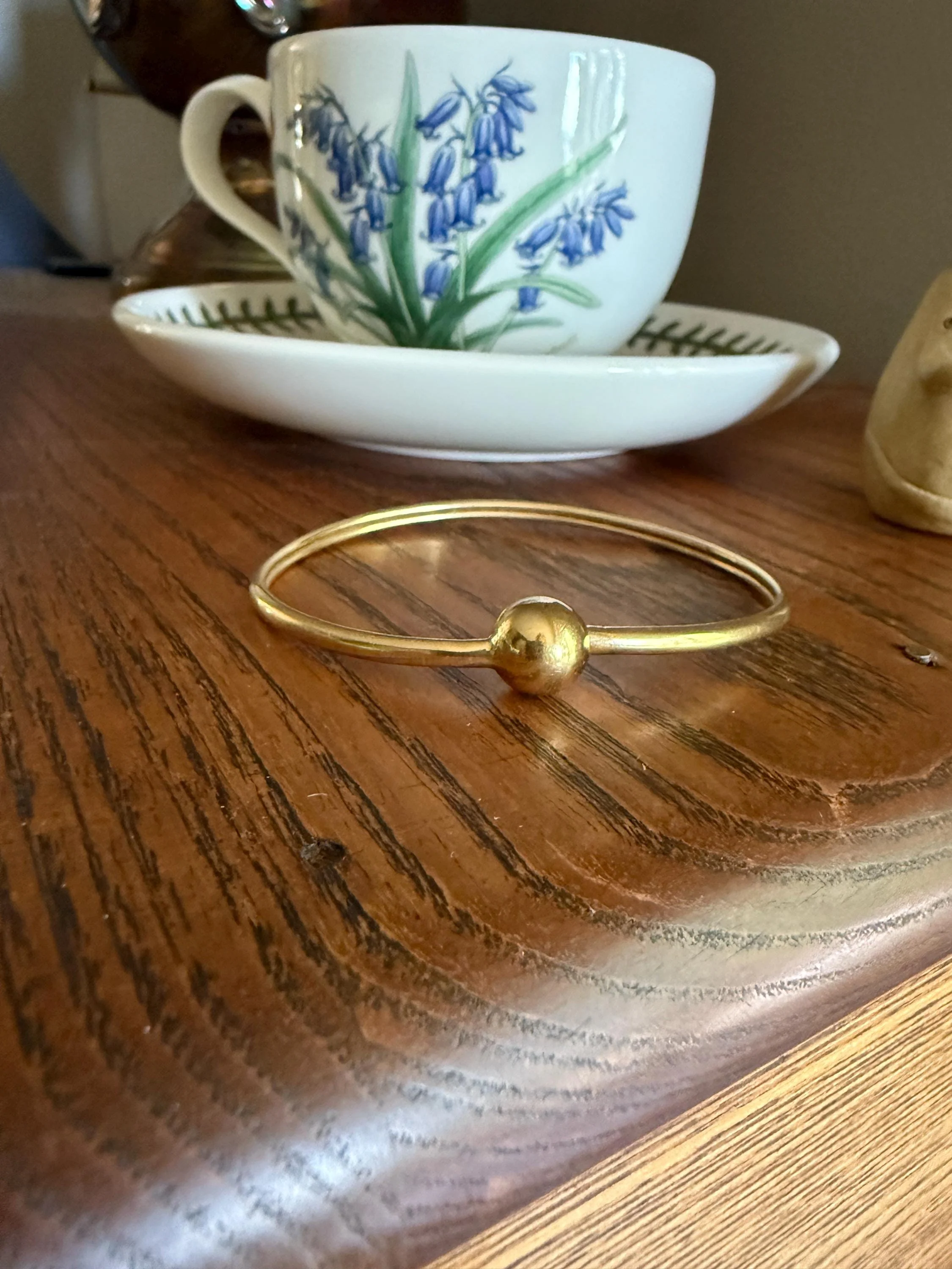 French Vintage 18k Gold BALL Rivet Sphere Tension Bangle Minimalist Wriststack Line Geometric Tube - Image 2
