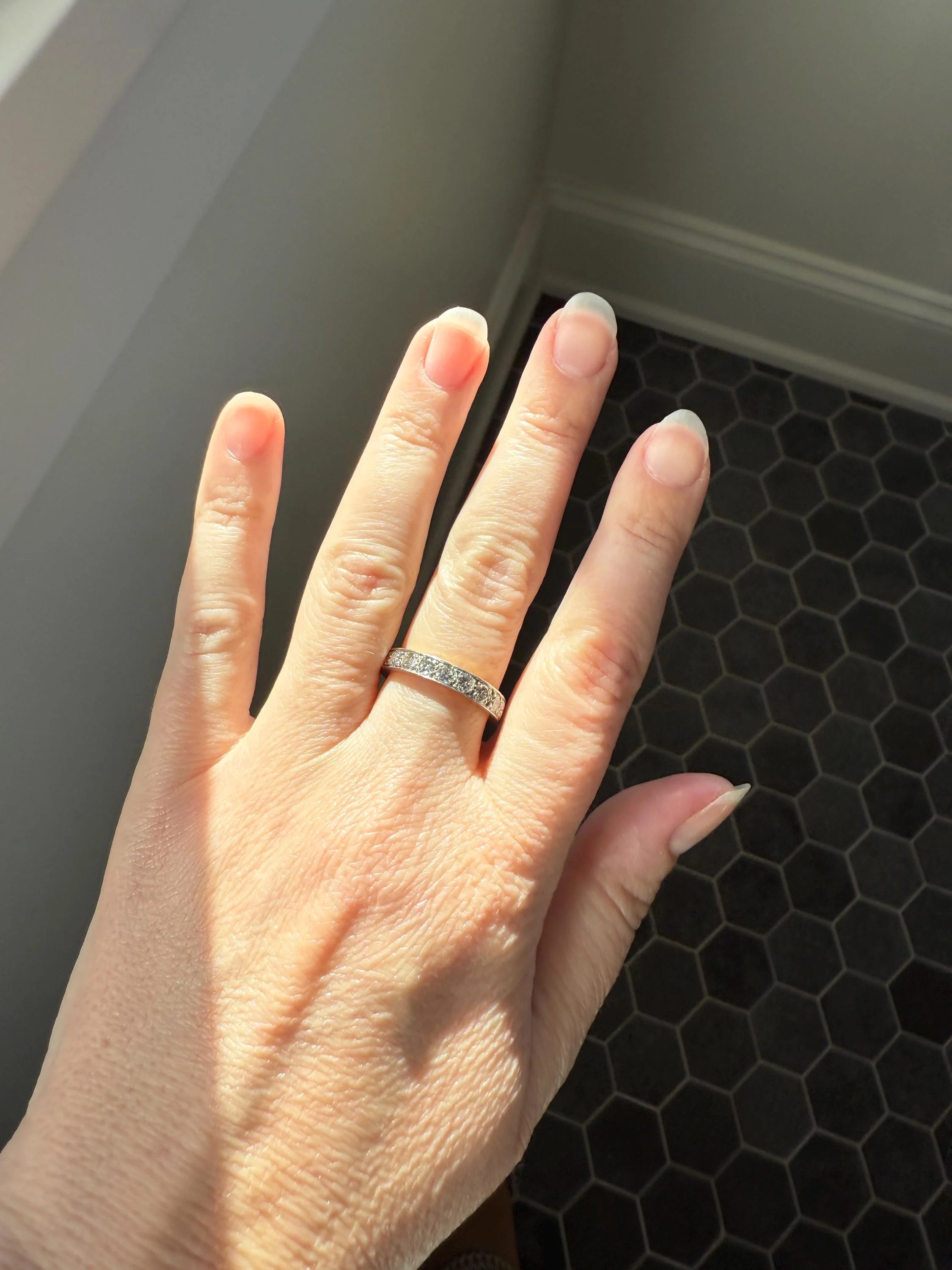 French Vintage Almost Eternity Thirteen (13) 1.8 Carat Tdw Transitional Cut Diamond Wedding Cigar Band Ring 3/4 Hoop 18k Gold Platinum Stacker Half Hoop - Image 10