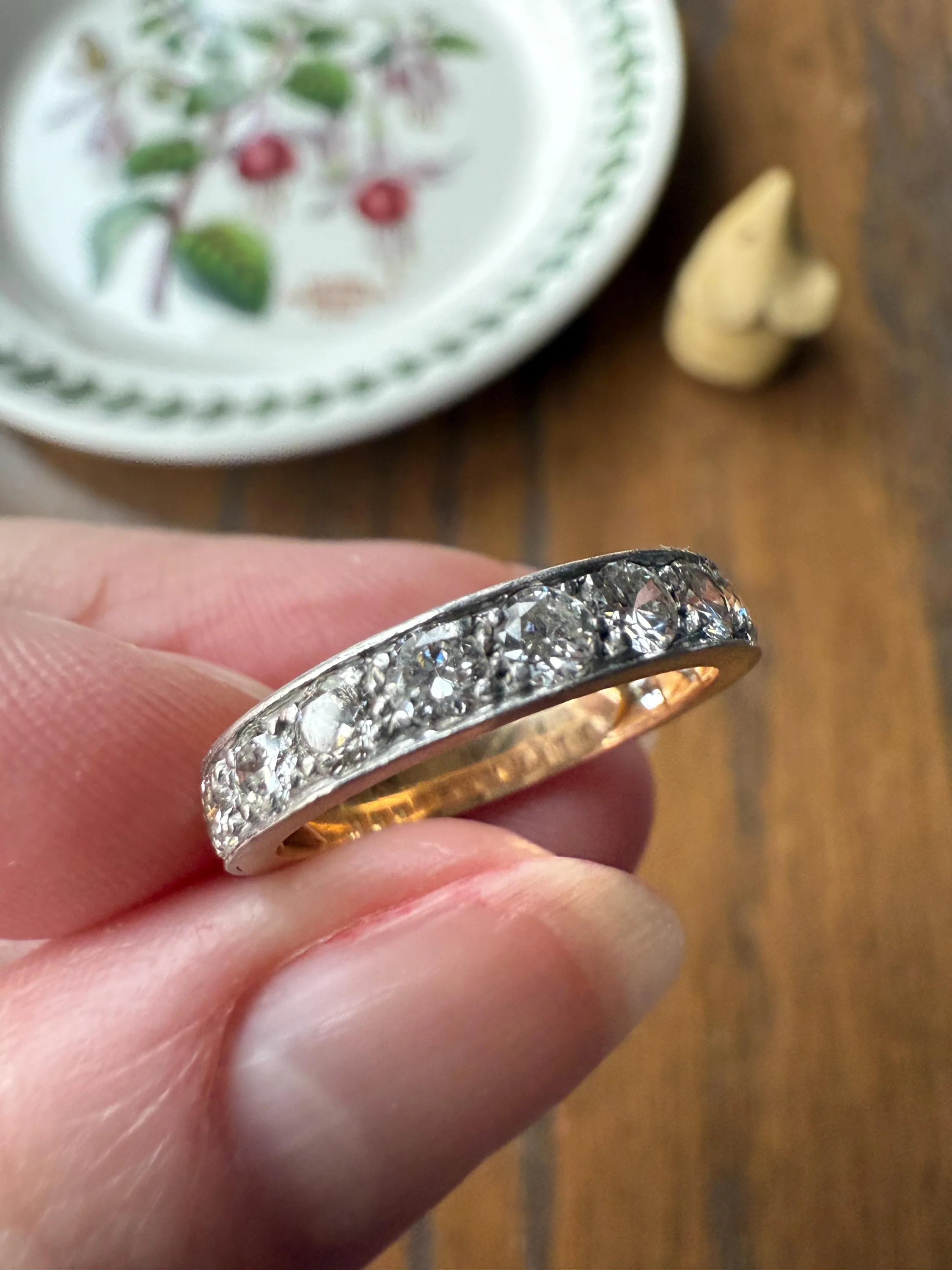 French Vintage Almost Eternity Thirteen (13) 1.8 Carat Tdw Transitional Cut Diamond Wedding Cigar Band Ring 3/4 Hoop 18k Gold Platinum Stacker Half Hoop - Image 11