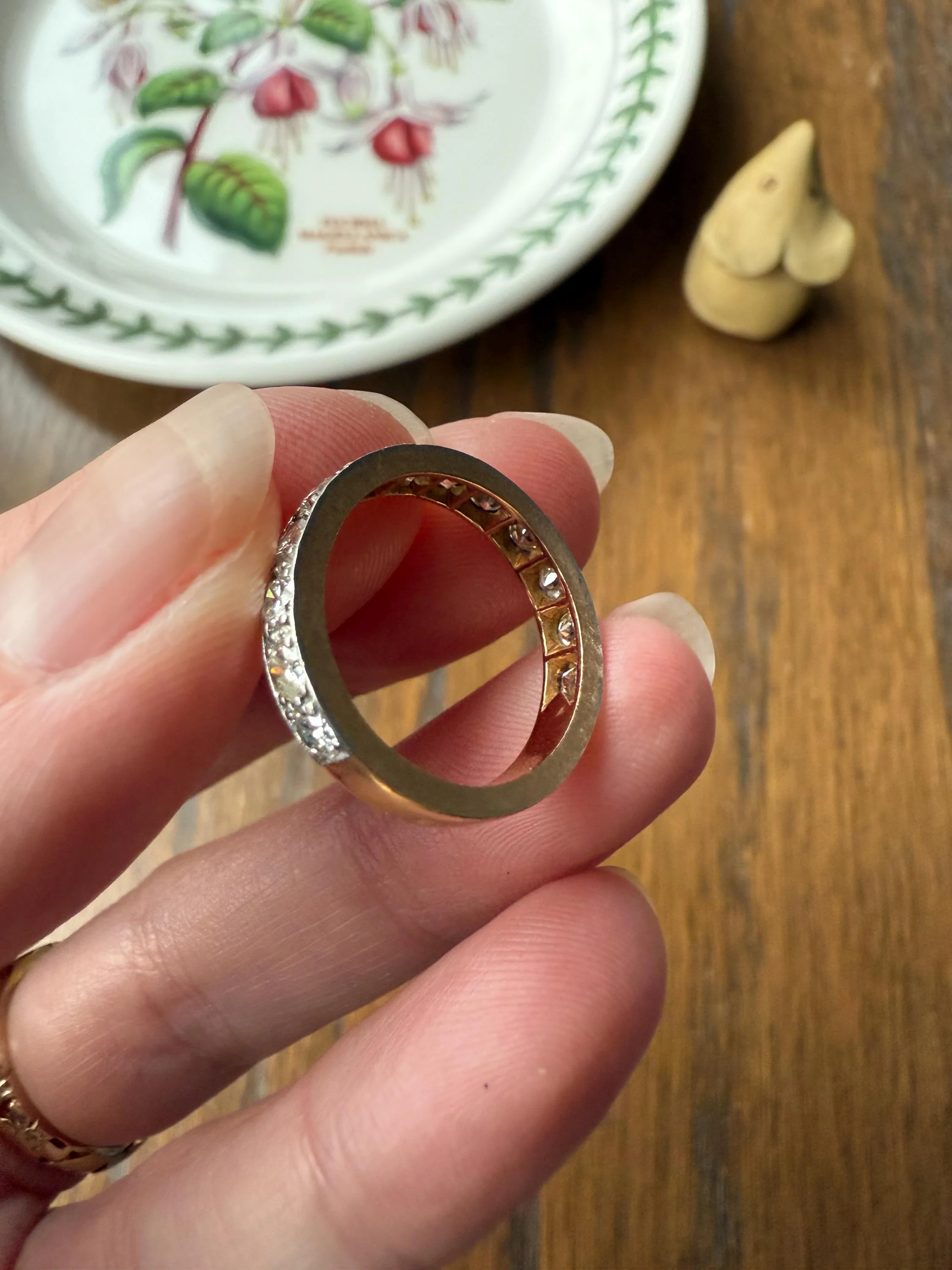 French Vintage Almost Eternity Thirteen (13) 1.8 Carat Tdw Transitional Cut Diamond Wedding Cigar Band Ring 3/4 Hoop 18k Gold Platinum Stacker Half Hoop - Image 12