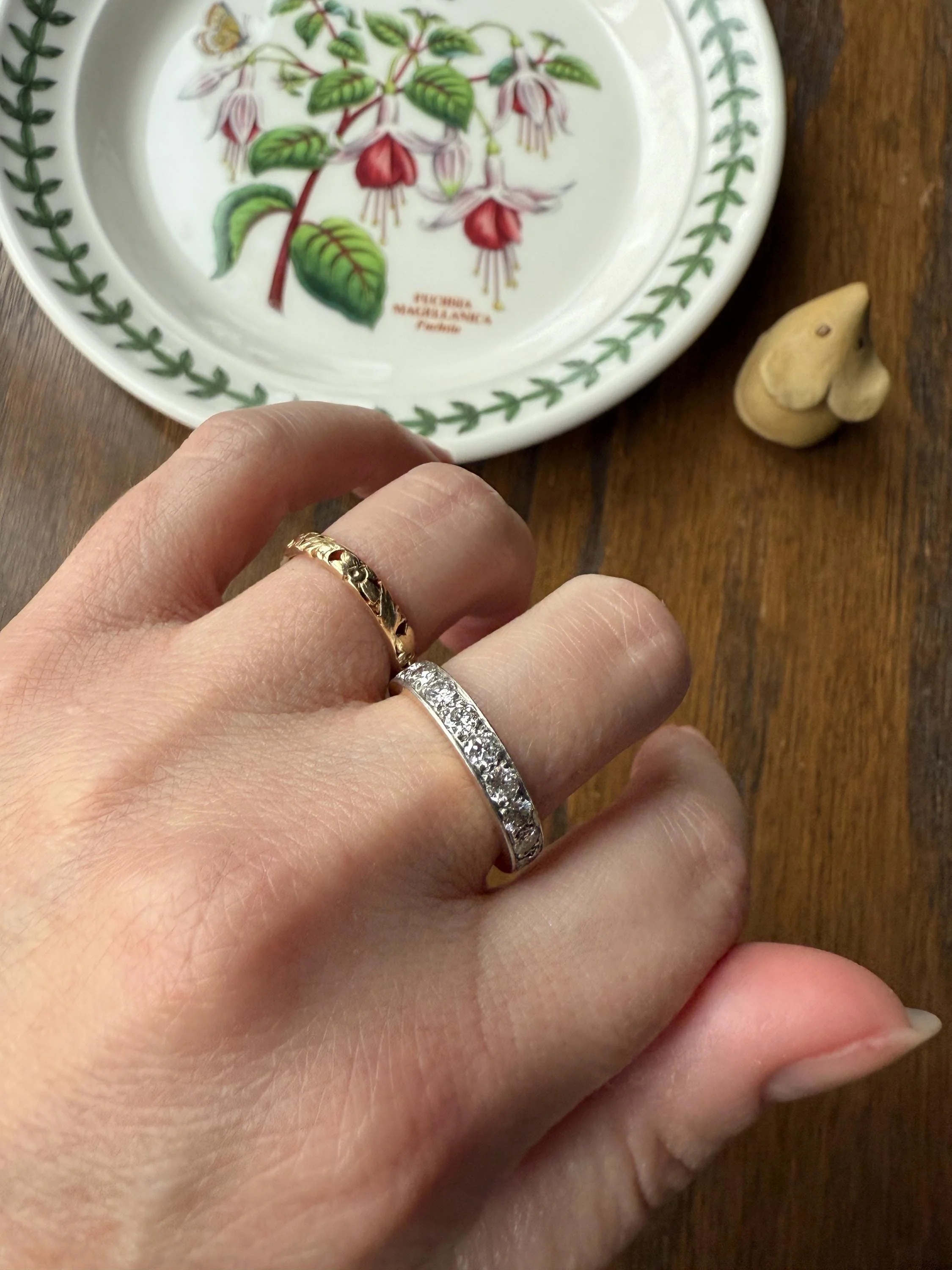 French Vintage Almost Eternity Thirteen (13) 1.8 Carat Tdw Transitional Cut Diamond Wedding Cigar Band Ring 3/4 Hoop 18k Gold Platinum Stacker Half Hoop - Image 14
