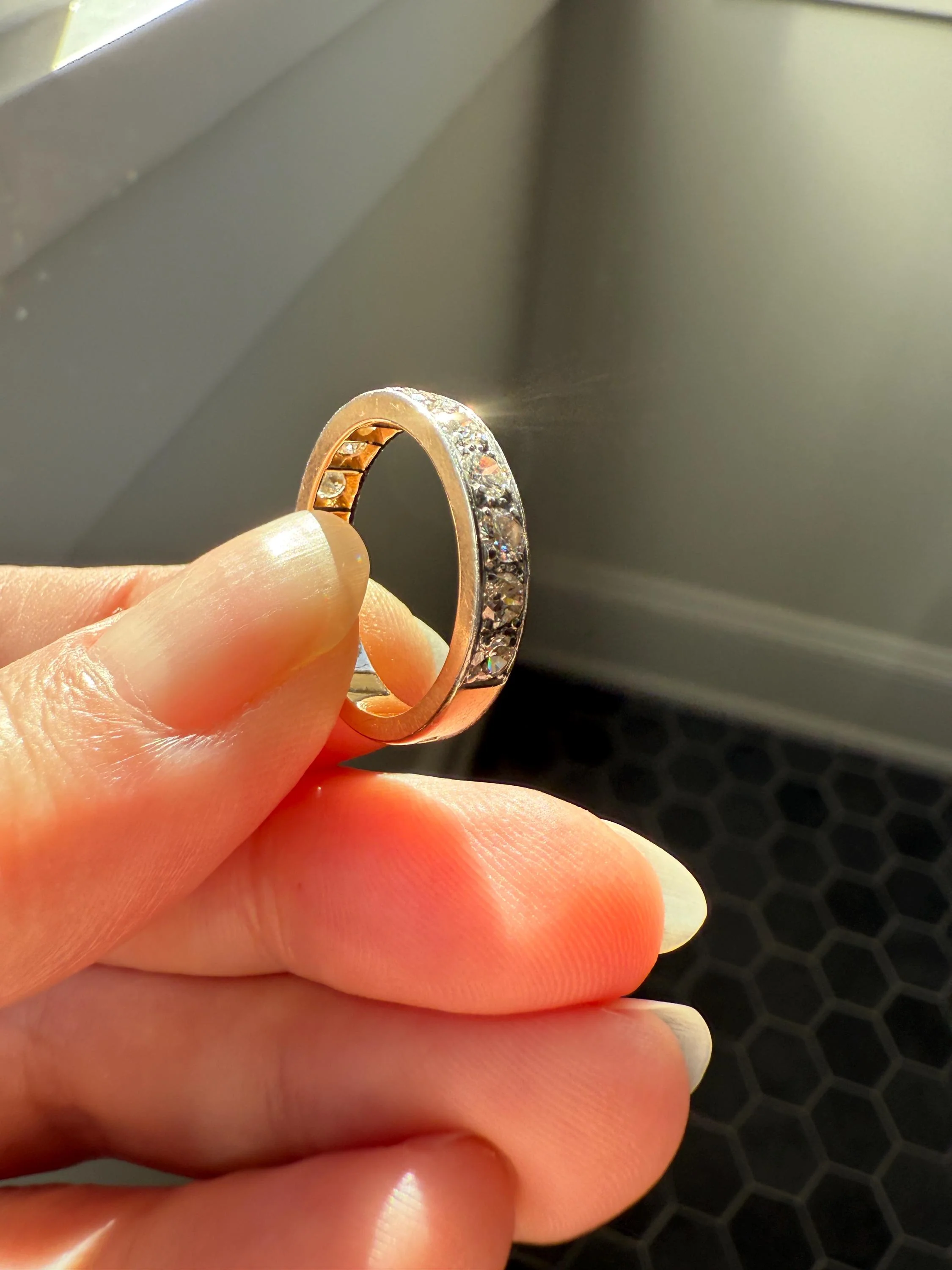 French Vintage Almost Eternity Thirteen (13) 1.8 Carat Tdw Transitional Cut Diamond Wedding Cigar Band Ring 3/4 Hoop 18k Gold Platinum Stacker Half Hoop - Image 15