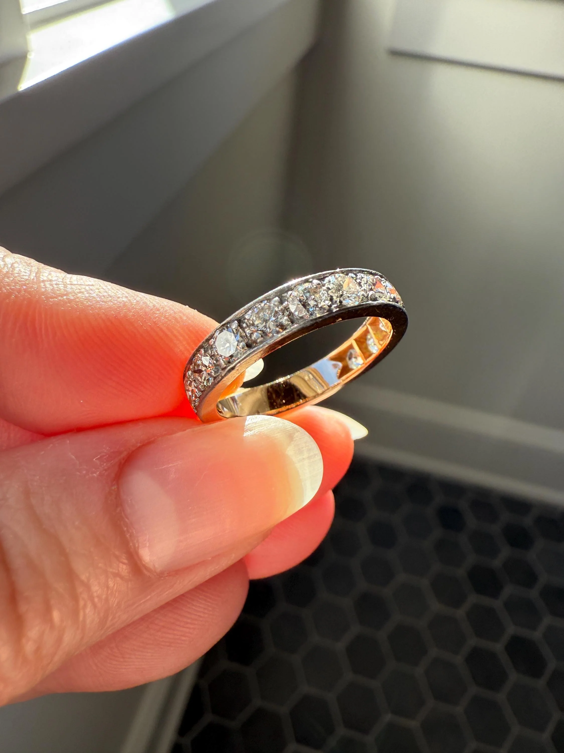 French Vintage Almost Eternity Thirteen (13) 1.8 Carat Tdw Transitional Cut Diamond Wedding Cigar Band Ring 3/4 Hoop 18k Gold Platinum Stacker Half Hoop - Image 2