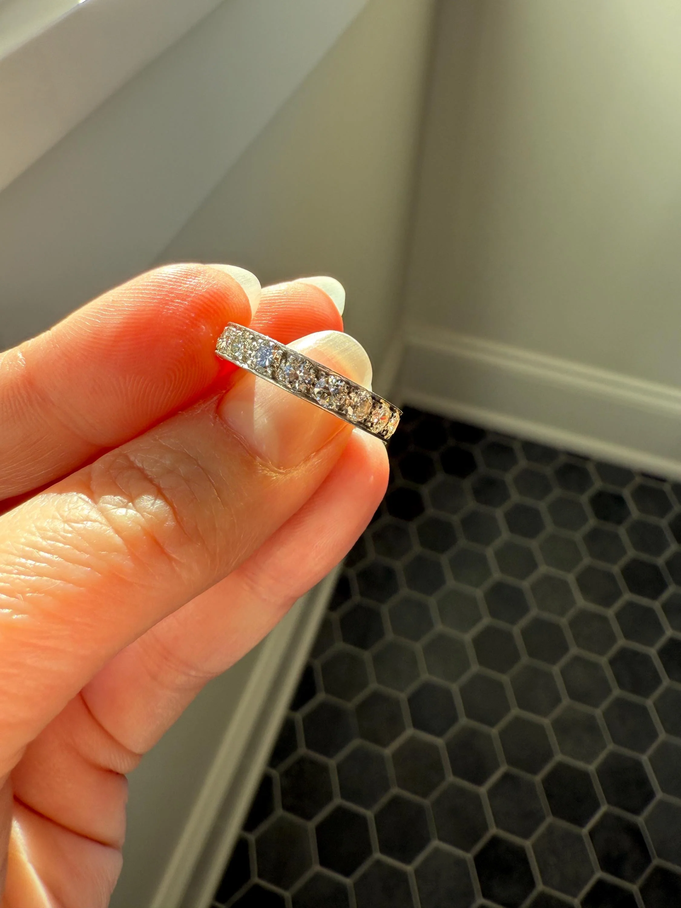 French Vintage Almost Eternity Thirteen (13) 1.8 Carat Tdw Transitional Cut Diamond Wedding Cigar Band Ring 3/4 Hoop 18k Gold Platinum Stacker Half Hoop - Image 20