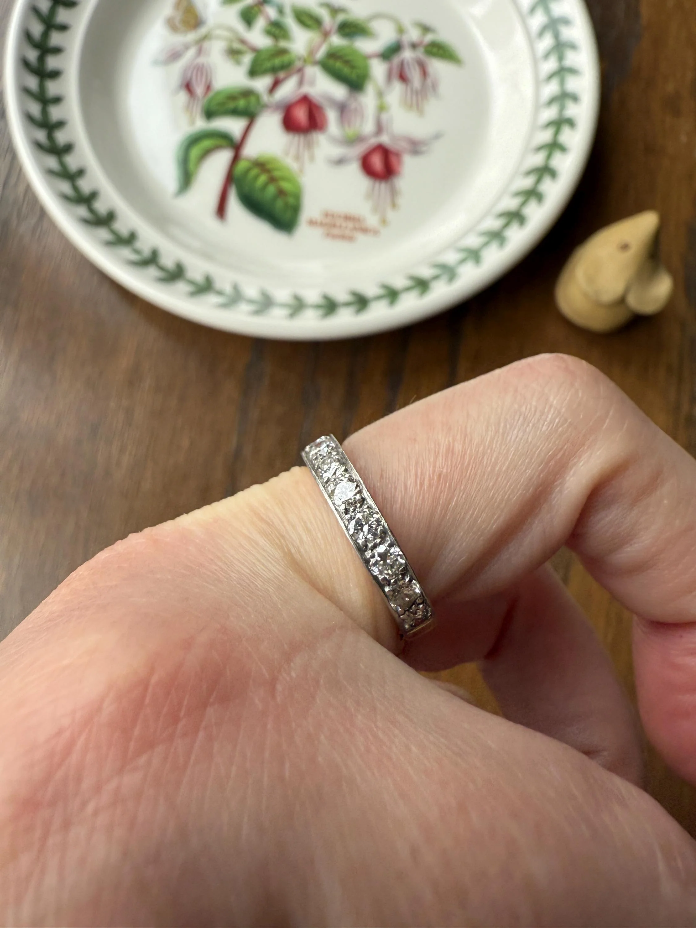 French Vintage Almost Eternity Thirteen (13) 1.8 Carat Tdw Transitional Cut Diamond Wedding Cigar Band Ring 3/4 Hoop 18k Gold Platinum Stacker Half Hoop - Image 3