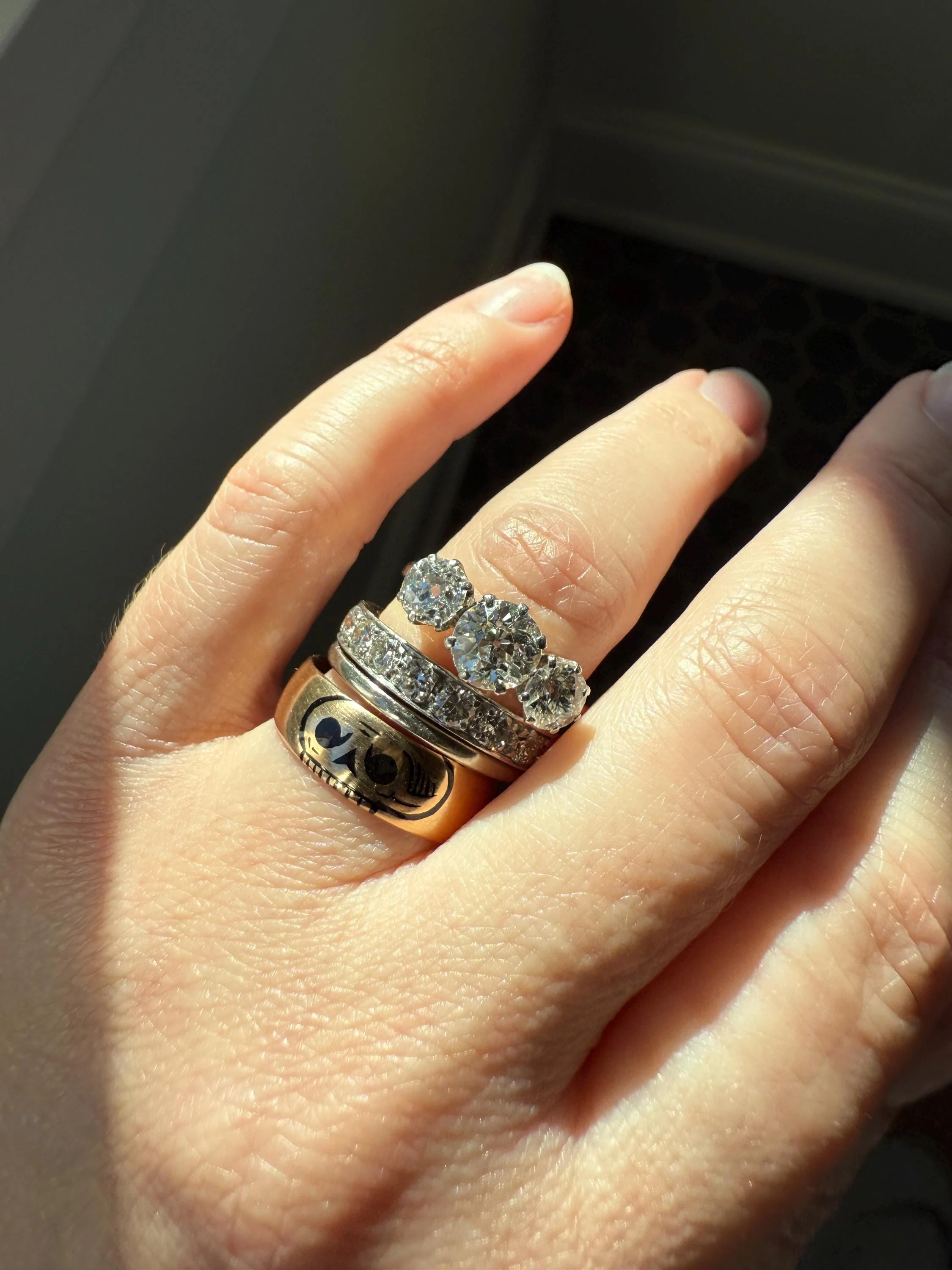 French Vintage Almost Eternity Thirteen (13) 1.8 Carat Tdw Transitional Cut Diamond Wedding Cigar Band Ring 3/4 Hoop 18k Gold Platinum Stacker Half Hoop - Image 4