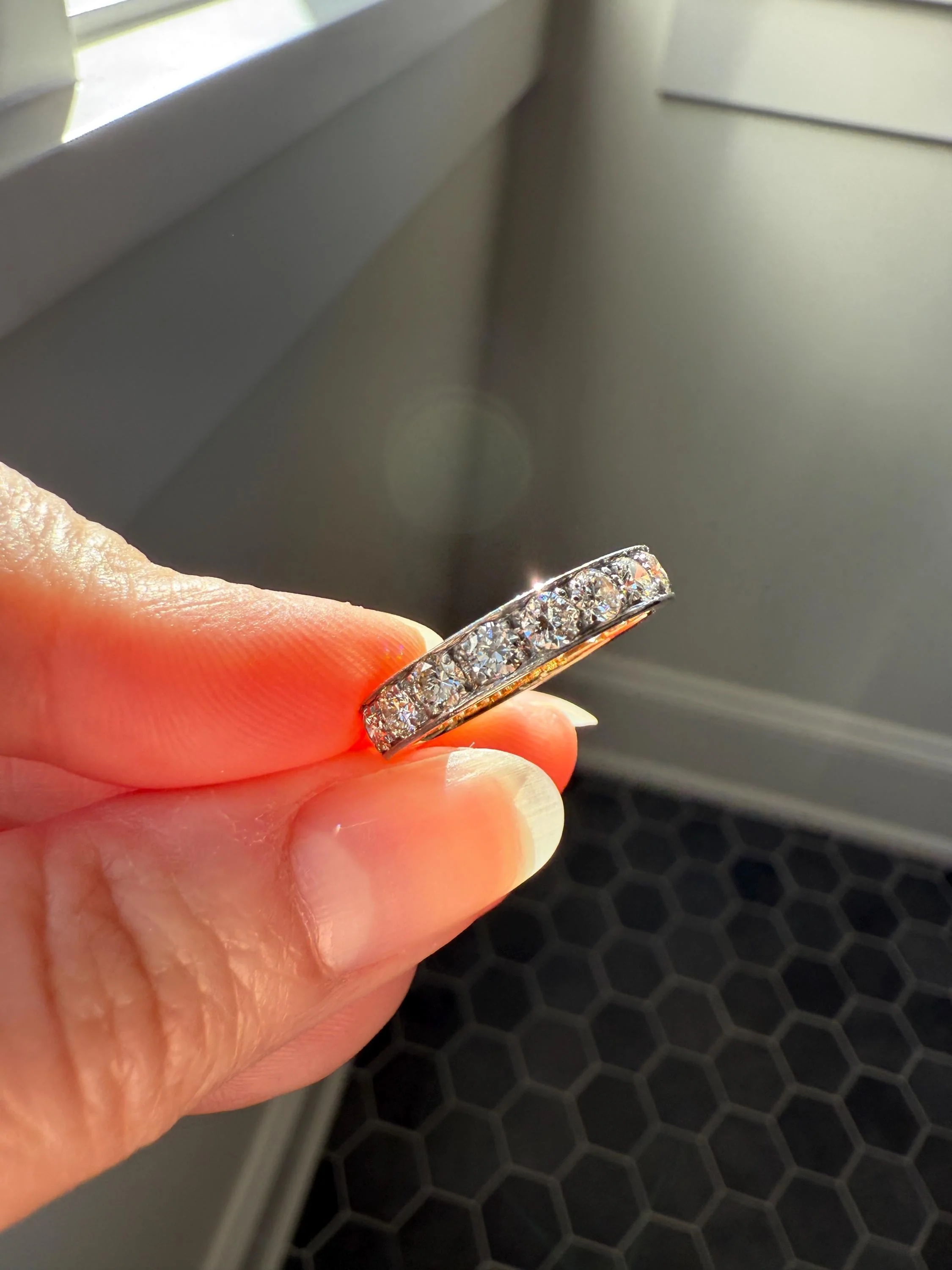French Vintage Almost Eternity Thirteen (13) 1.8 Carat Tdw Transitional Cut Diamond Wedding Cigar Band Ring 3/4 Hoop 18k Gold Platinum Stacker Half Hoop - Image 5