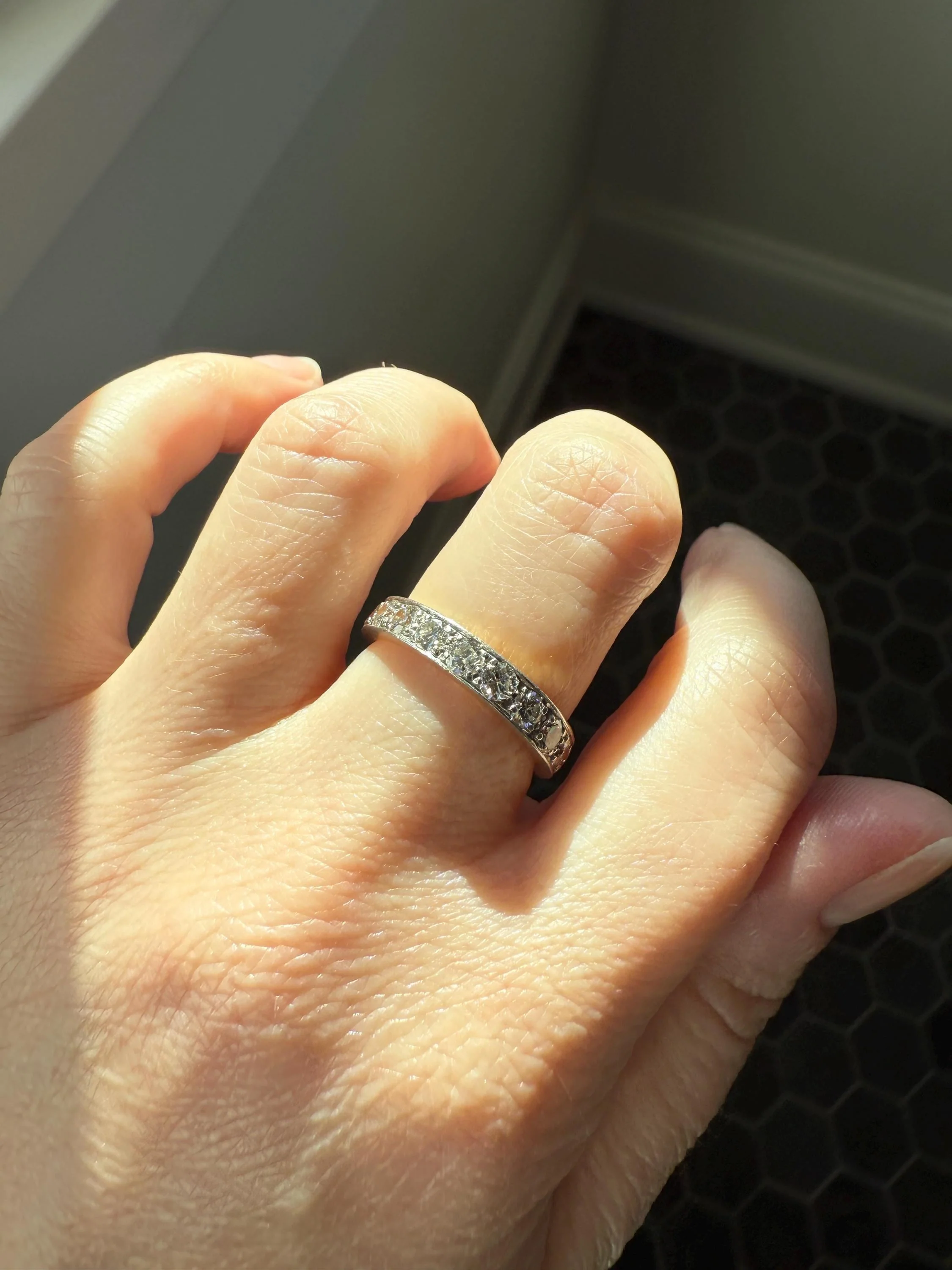 French Vintage Almost Eternity Thirteen (13) 1.8 Carat Tdw Transitional Cut Diamond Wedding Cigar Band Ring 3/4 Hoop 18k Gold Platinum Stacker Half Hoop - Image 7