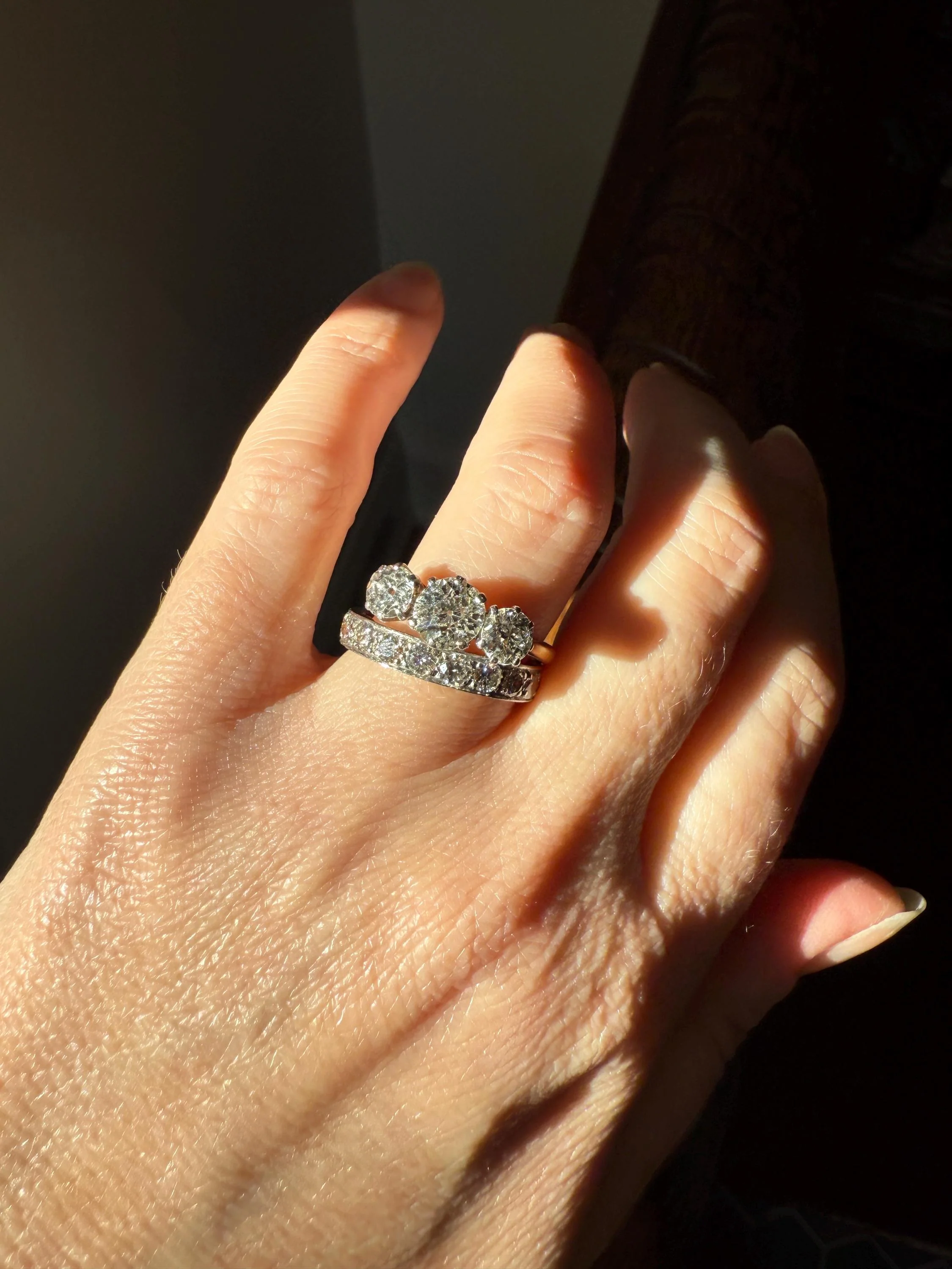 French Vintage Almost Eternity Thirteen (13) 1.8 Carat Tdw Transitional Cut Diamond Wedding Cigar Band Ring 3/4 Hoop 18k Gold Platinum Stacker Half Hoop - Image 8