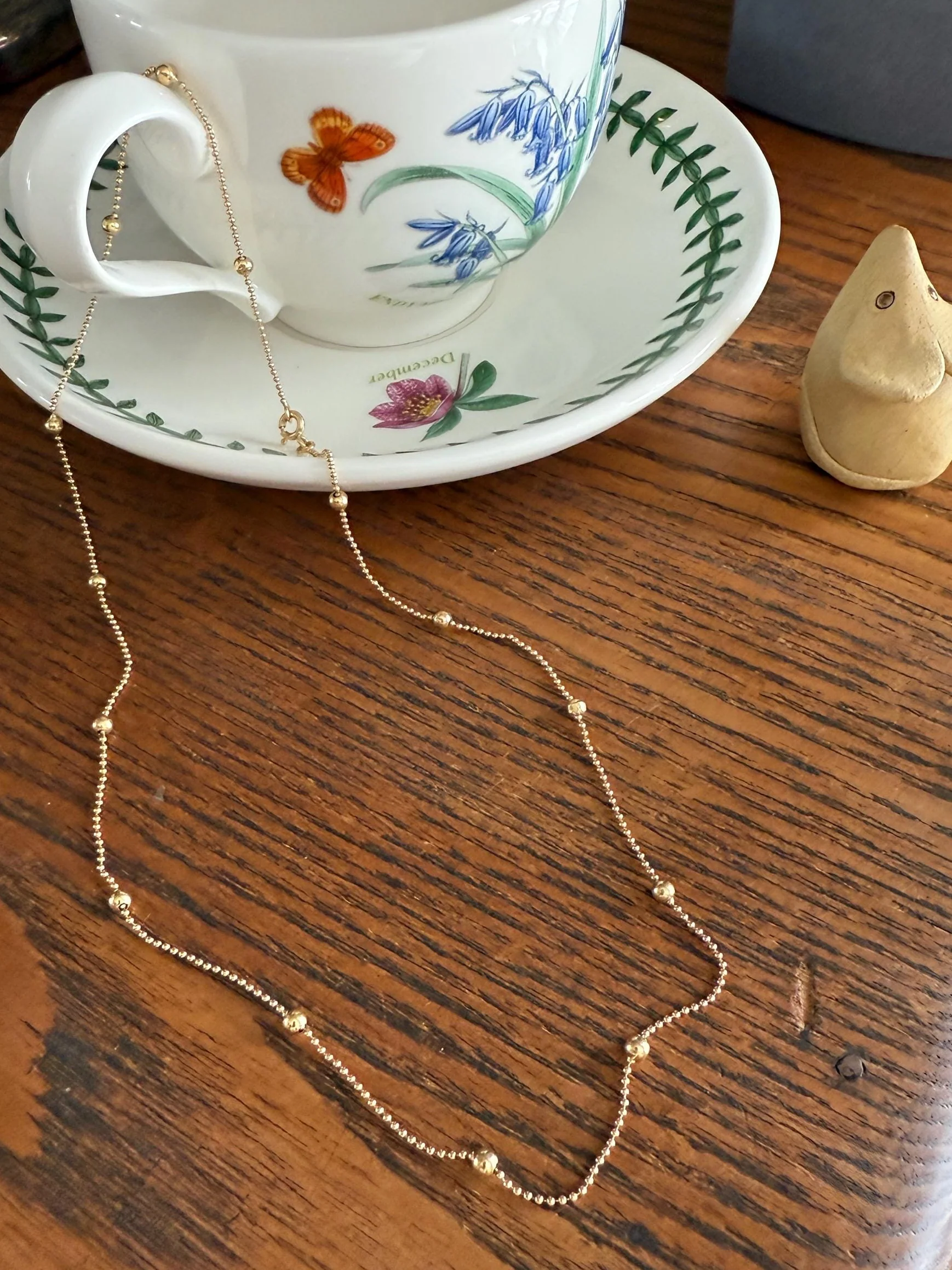 French Vintage Teeny Tiny Mini Bead 18k Gold Pearl 18" Chain Necklace Solid Ball Rivet Minimalist Layering Pendant Holder Shimmer Gift