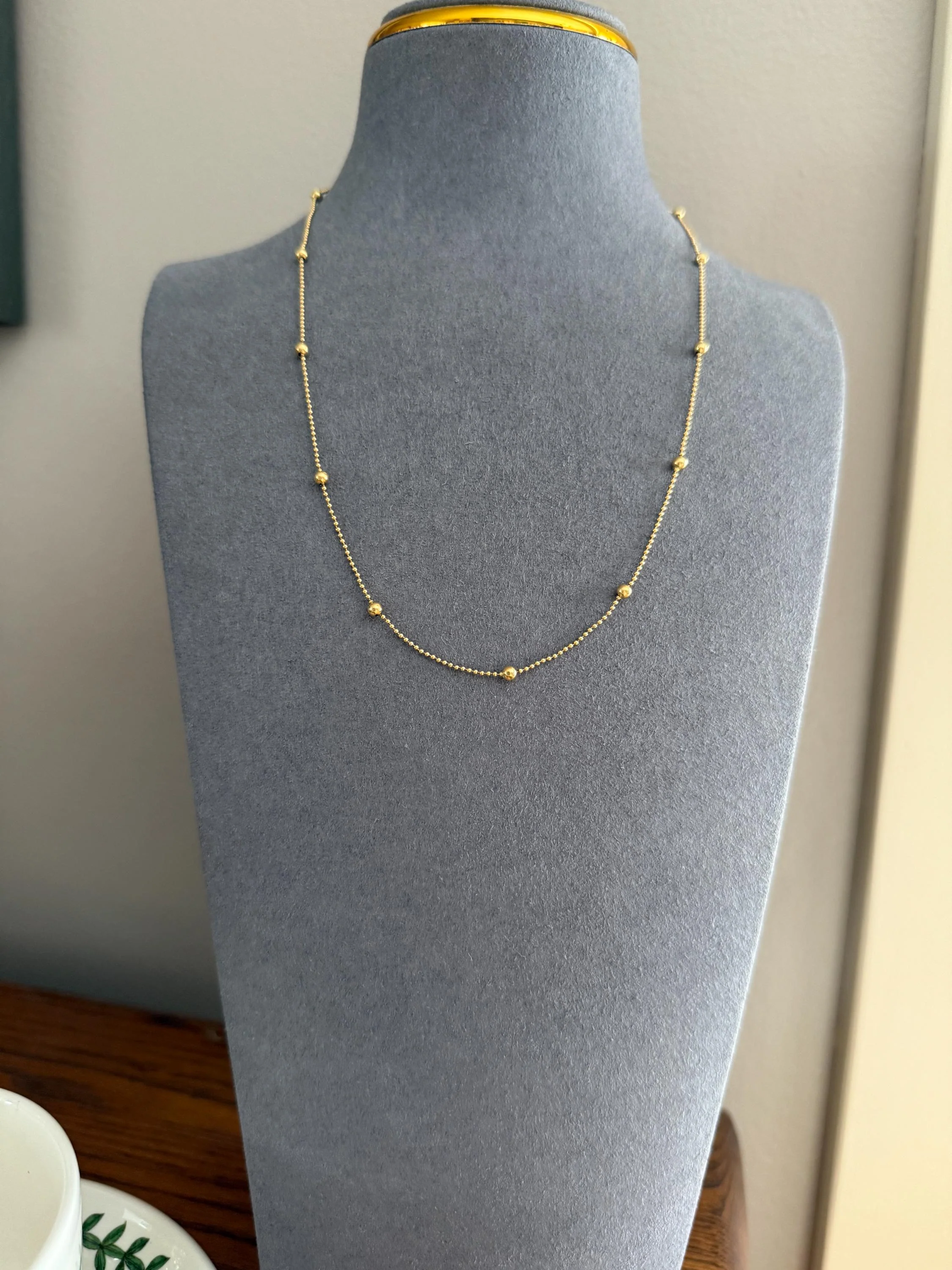 French Vintage Teeny Tiny Mini Bead 18k Gold Pearl 18" Chain Necklace Solid Ball Rivet Minimalist Layering Pendant Holder Shimmer Gift - Image 4