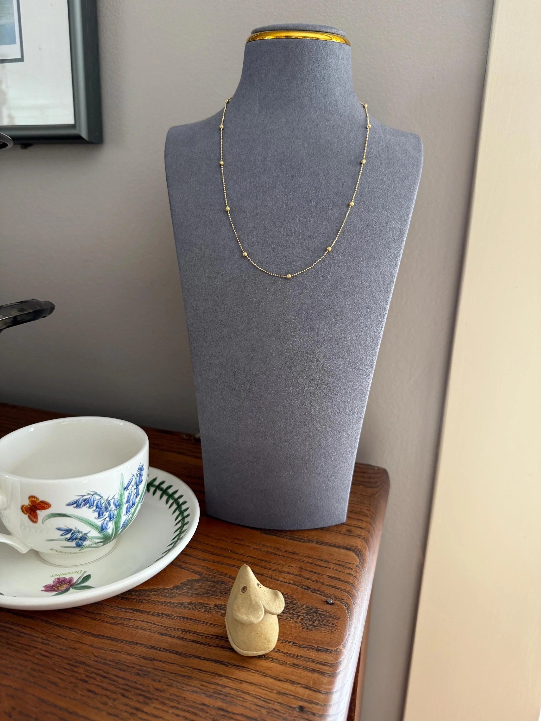French Vintage Teeny Tiny Mini Bead 18k Gold Pearl 18" Chain Necklace Solid Ball Rivet Minimalist Layering Pendant Holder Shimmer Gift - Image 7
