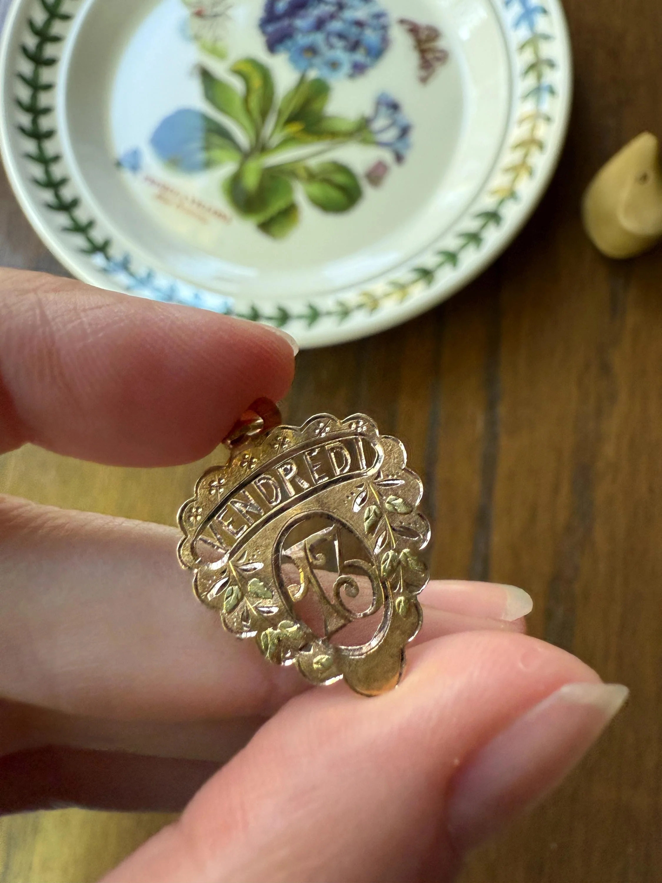FRIDAY the Thirteenth 13th Antique French Love Medal Tricolor 18k Gold PENDANT Belle Epoque Charm Floral Lucky Gift Rose Green Figural - Image 6