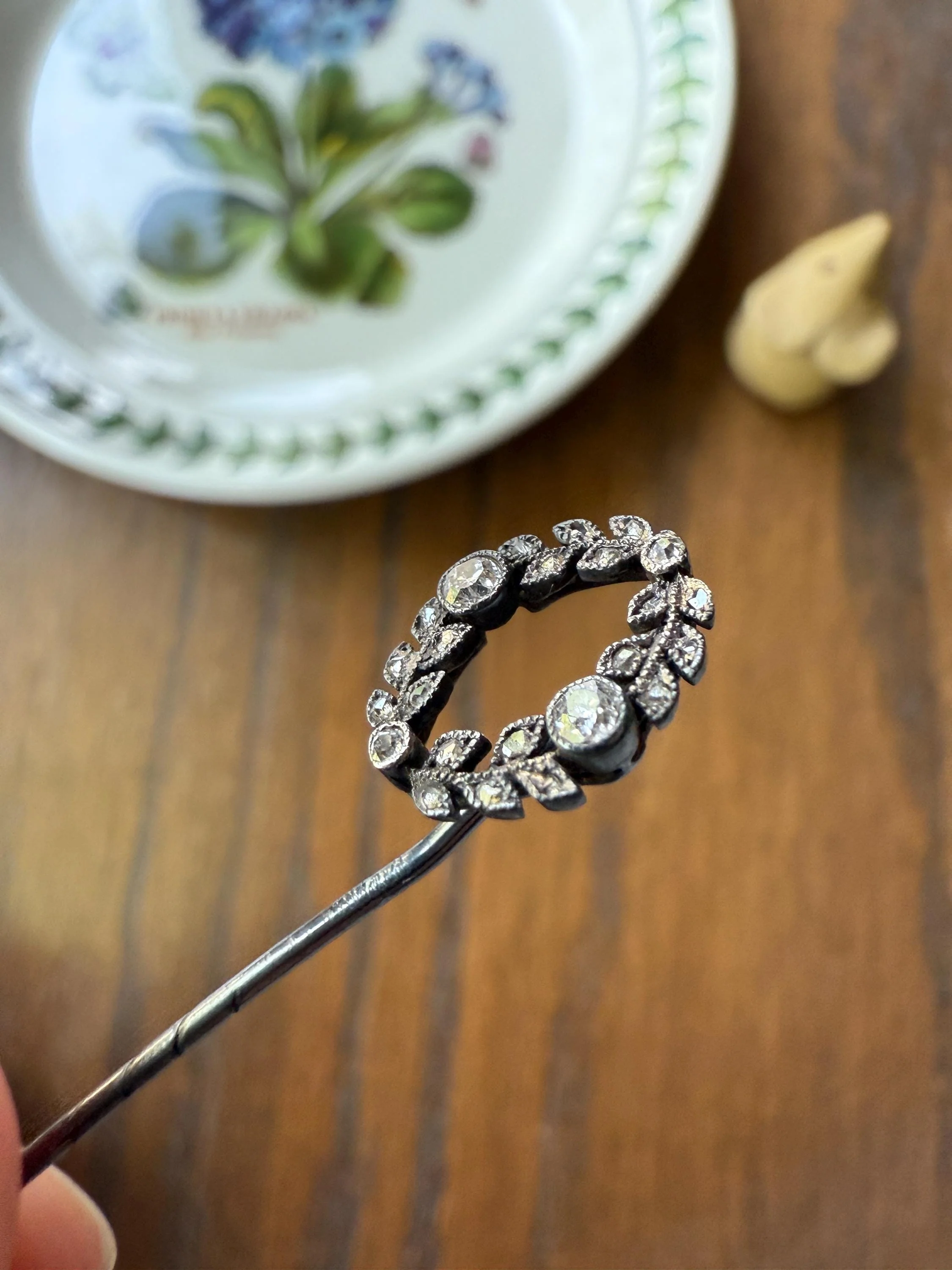 GARLAND Figural Old Mine Rose Cut DIAMOND Antique Stick Pin c1920 for Ring Pendant Bracelet Conversion 18k White Gold Silver