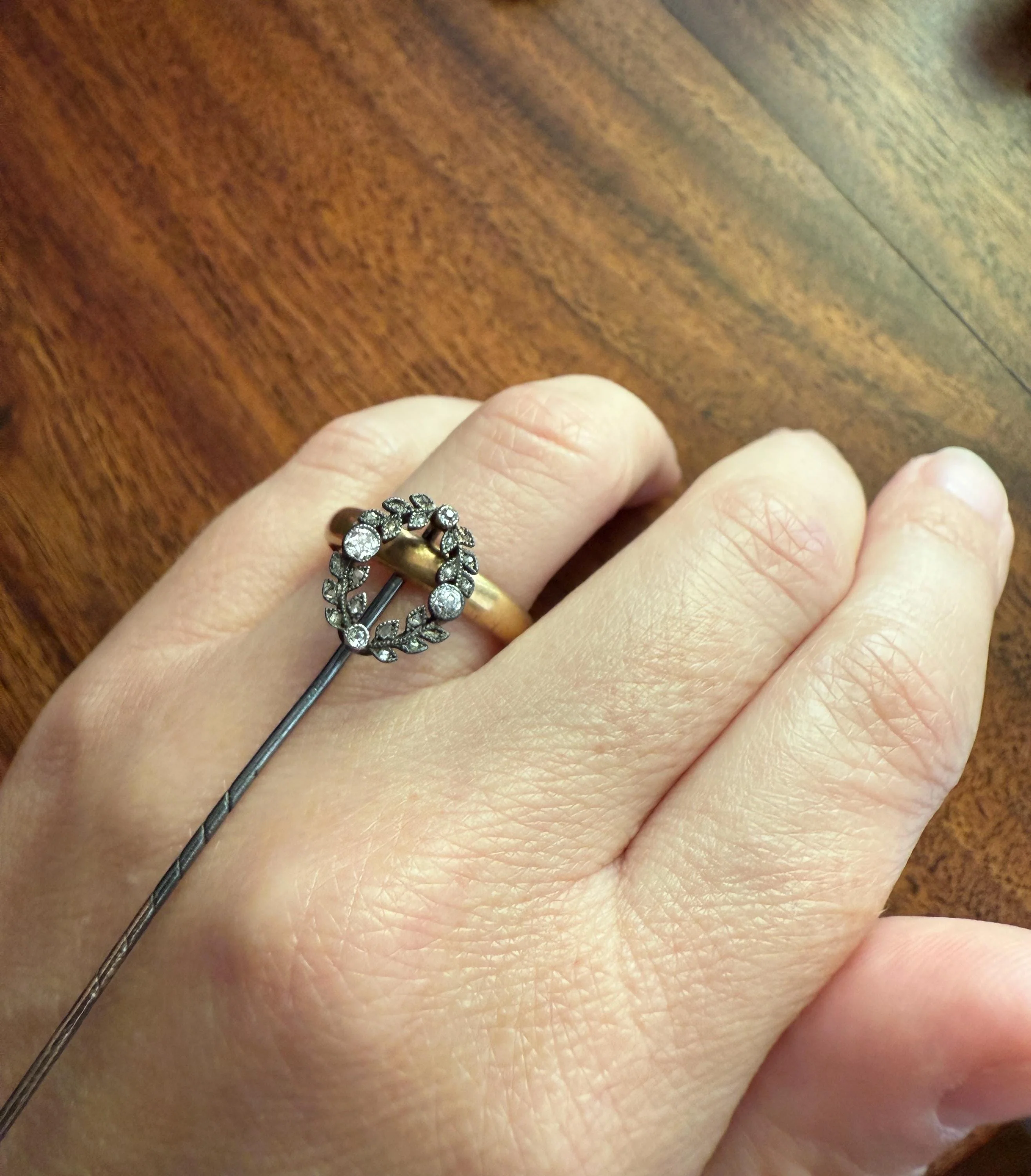 GARLAND Figural Old Mine Rose Cut DIAMOND Antique Stick Pin c1920 for Ring Pendant Bracelet Conversion 18k White Gold Silver - Image 10