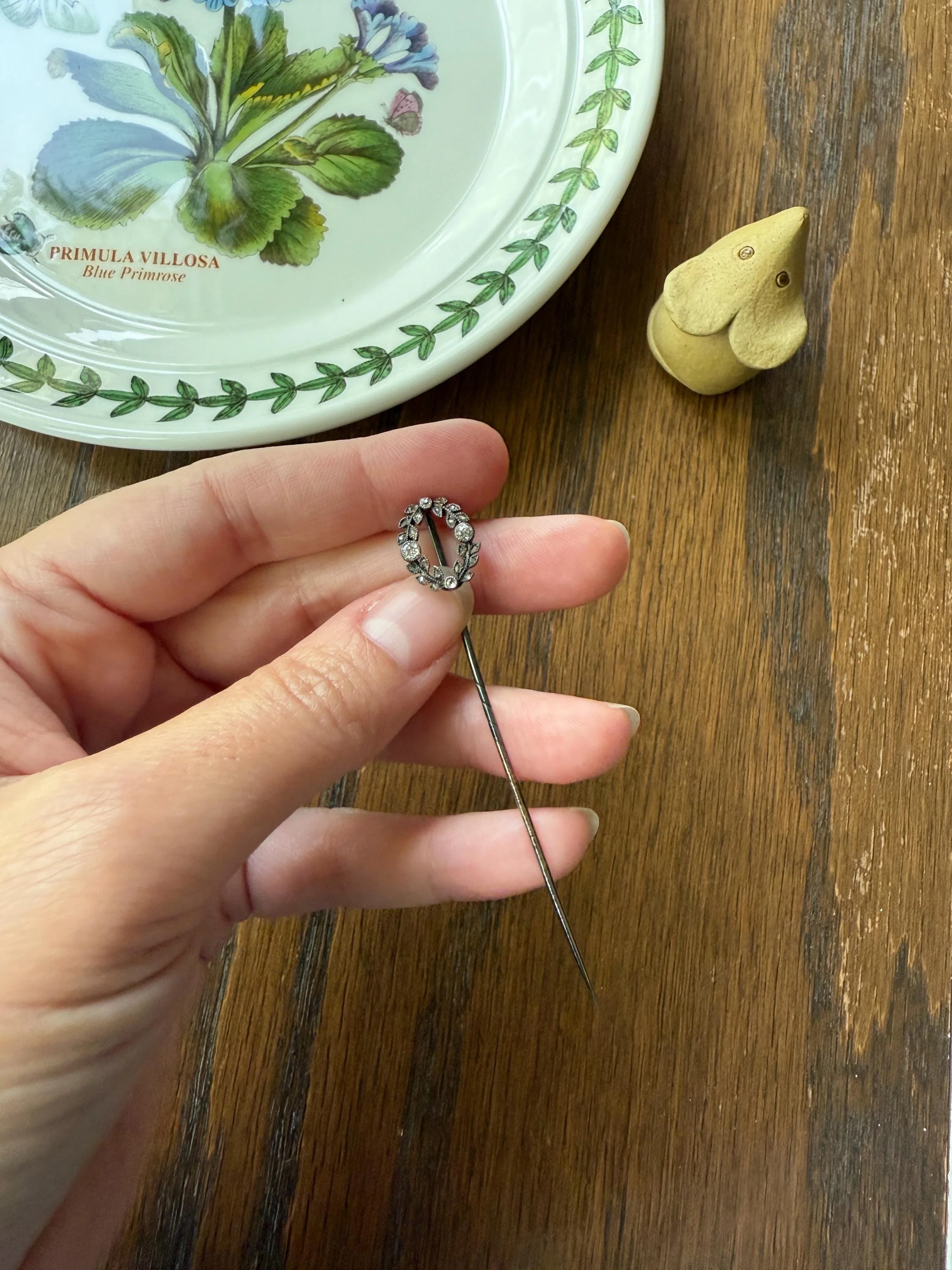 GARLAND Figural Old Mine Rose Cut DIAMOND Antique Stick Pin c1920 for Ring Pendant Bracelet Conversion 18k White Gold Silver - Image 2