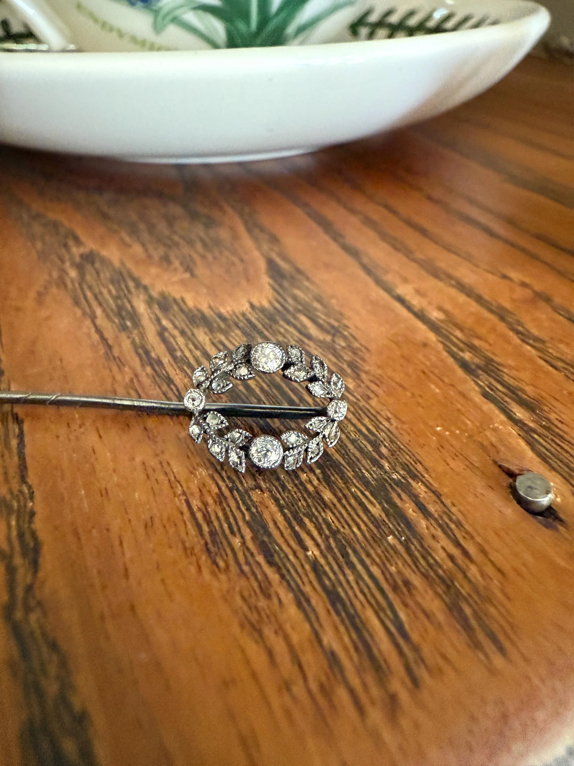 GARLAND Figural Old Mine Rose Cut DIAMOND Antique Stick Pin c1920 for Ring Pendant Bracelet Conversion 18k White Gold Silver - Image 3