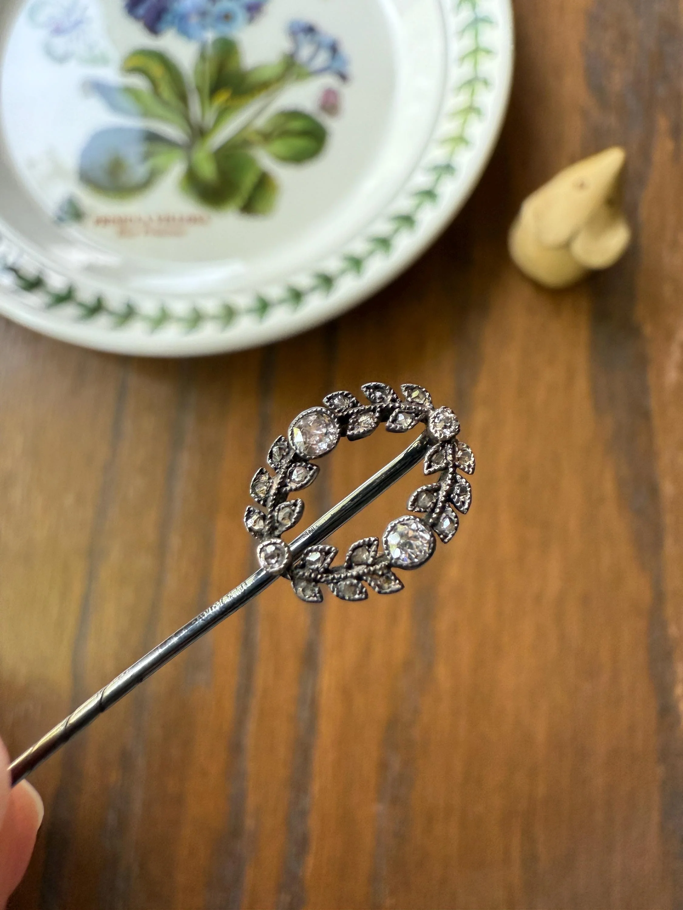 GARLAND Figural Old Mine Rose Cut DIAMOND Antique Stick Pin c1920 for Ring Pendant Bracelet Conversion 18k White Gold Silver - Image 6
