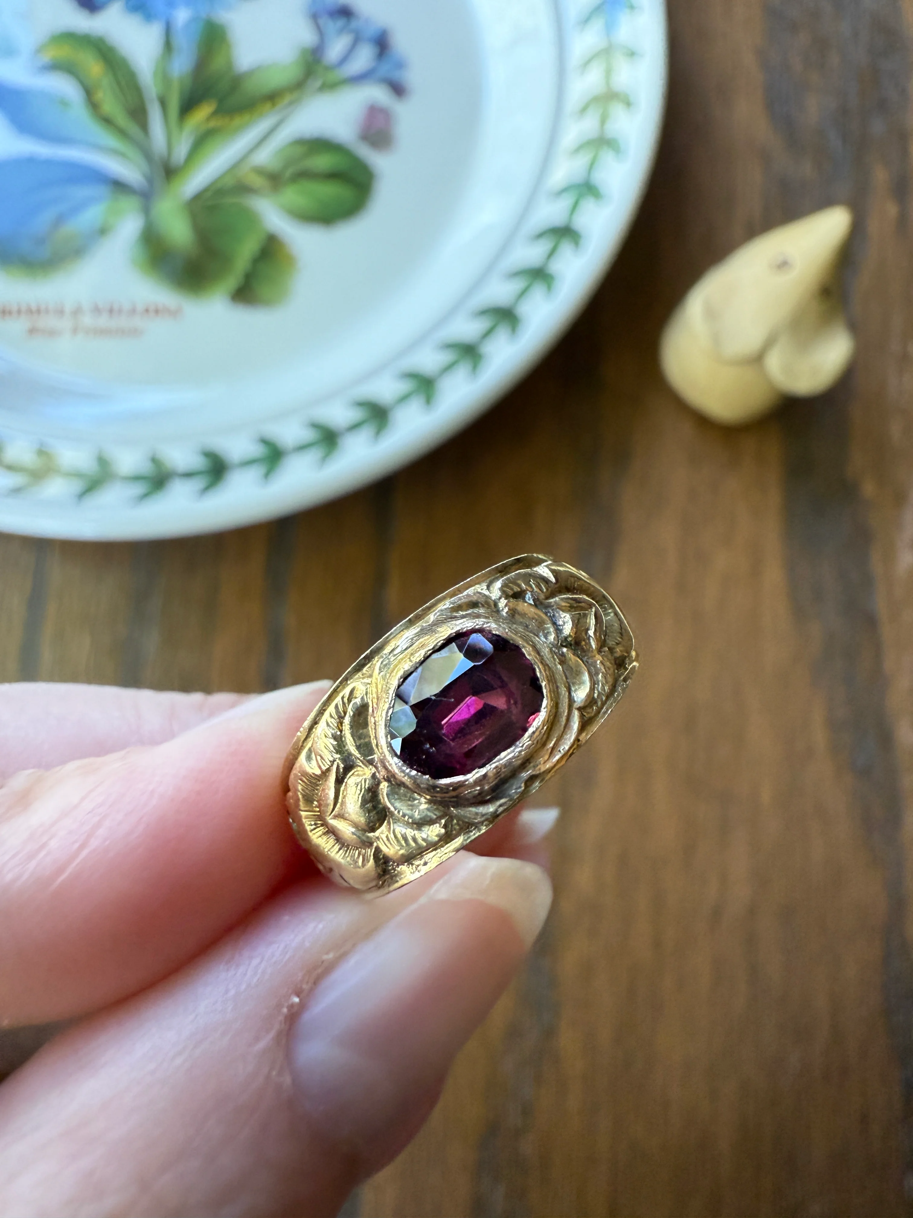 GARNET Victorian Antique Chunky FLORAL Wide Band 18k Gold Ring French Embossed Roses Purple East West Bezel Set Stacker Heavy - Image 17