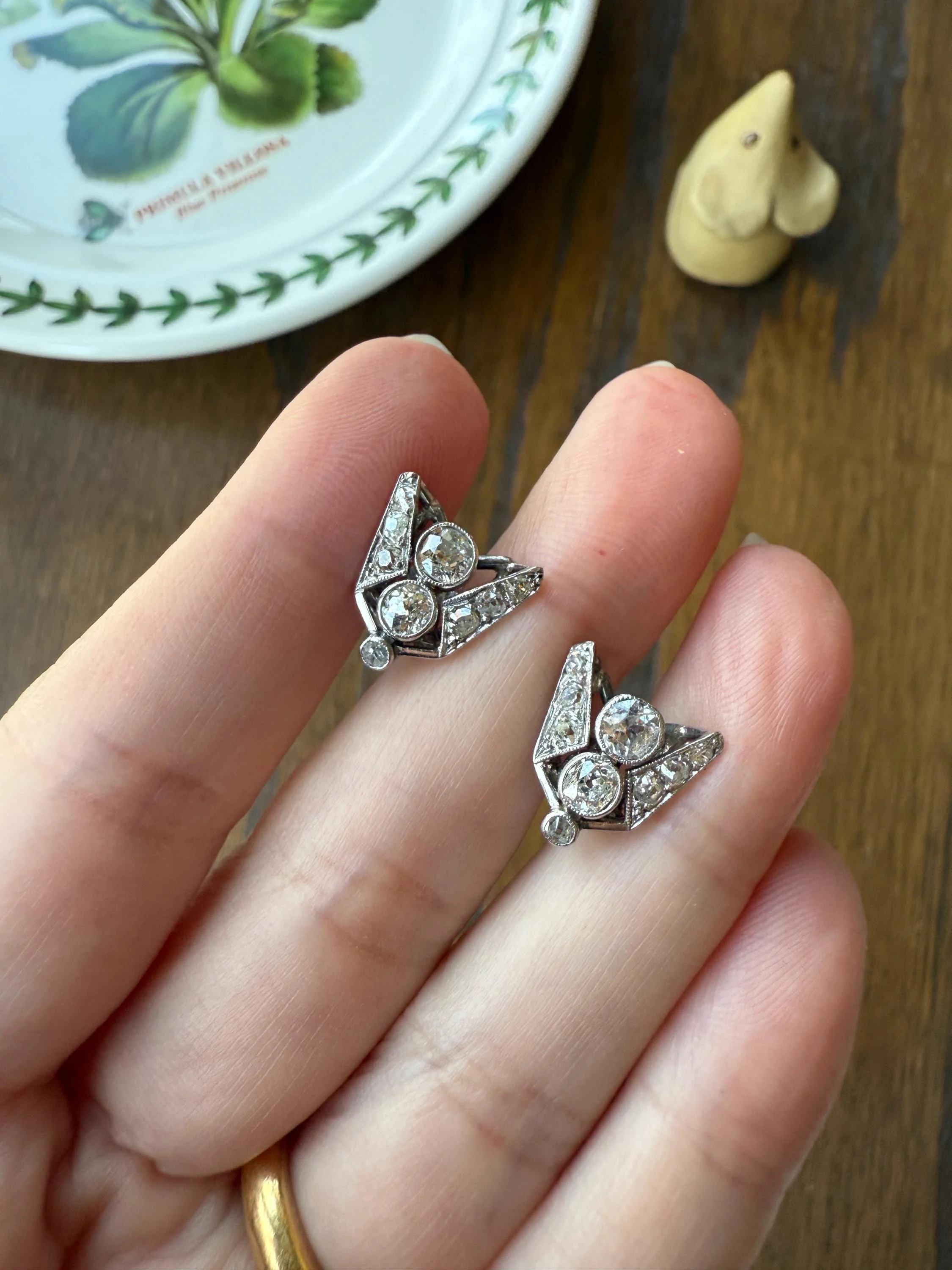 GEOMETRIC Art Deco 1 Carat Old Mine Cut Diamond 18k White Gold Stud Vintage Earrings Architectural Triangle Bezel Set Milgrain Studs - Image 11