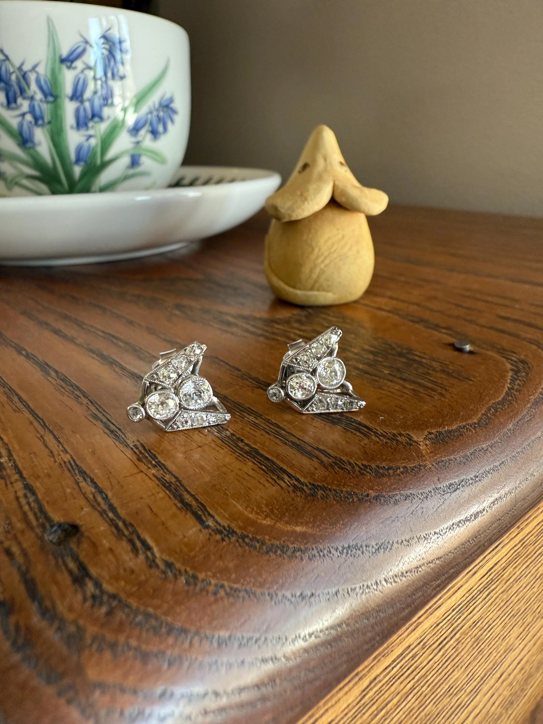 GEOMETRIC Art Deco 1 Carat Old Mine Cut Diamond 18k White Gold Stud Vintage Earrings Architectural Triangle Bezel Set Milgrain Studs - Image 12