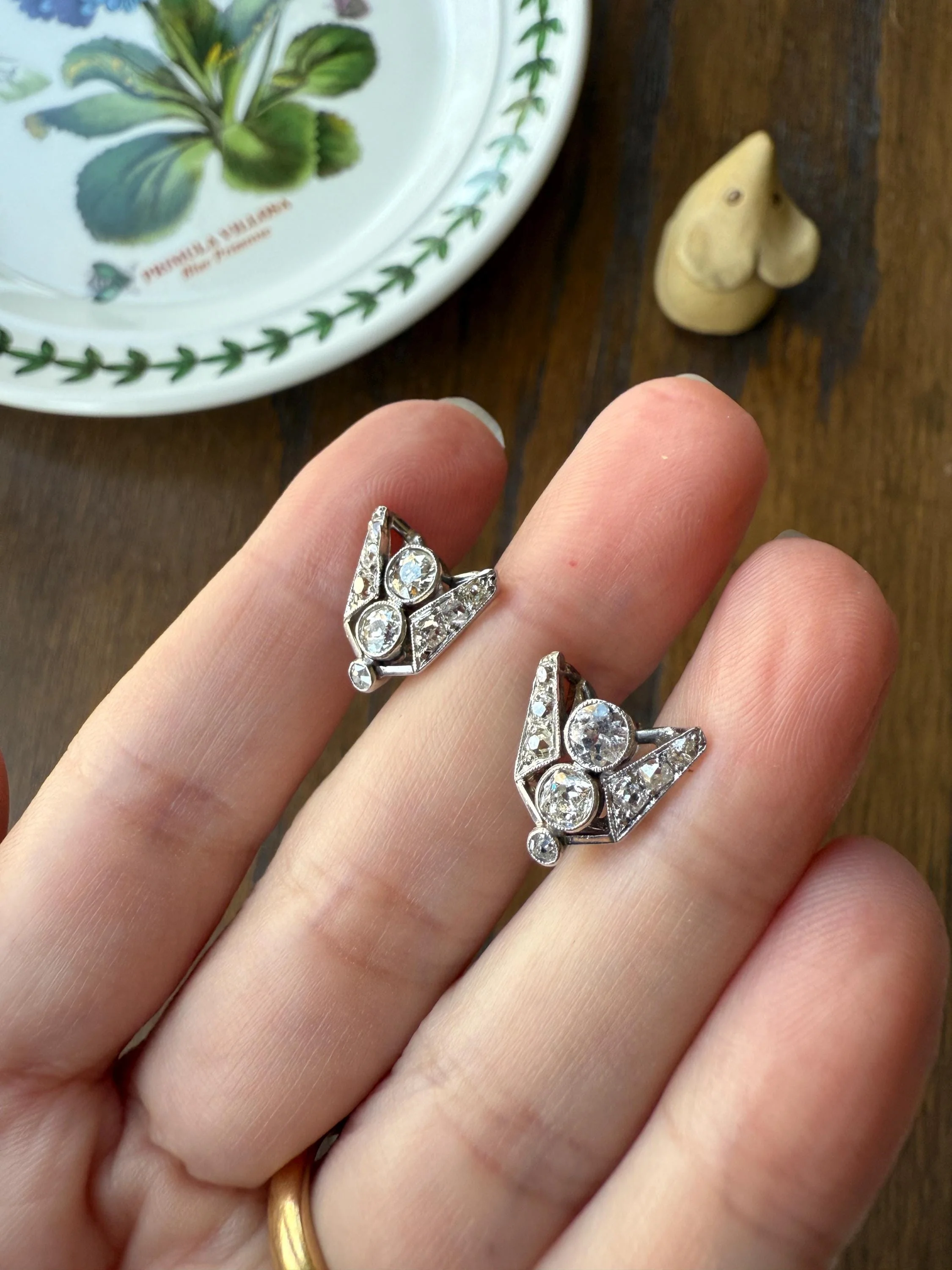 GEOMETRIC Art Deco 1 Carat Old Mine Cut Diamond 18k White Gold Stud Vintage Earrings Architectural Triangle Bezel Set Milgrain Studs - Image 13
